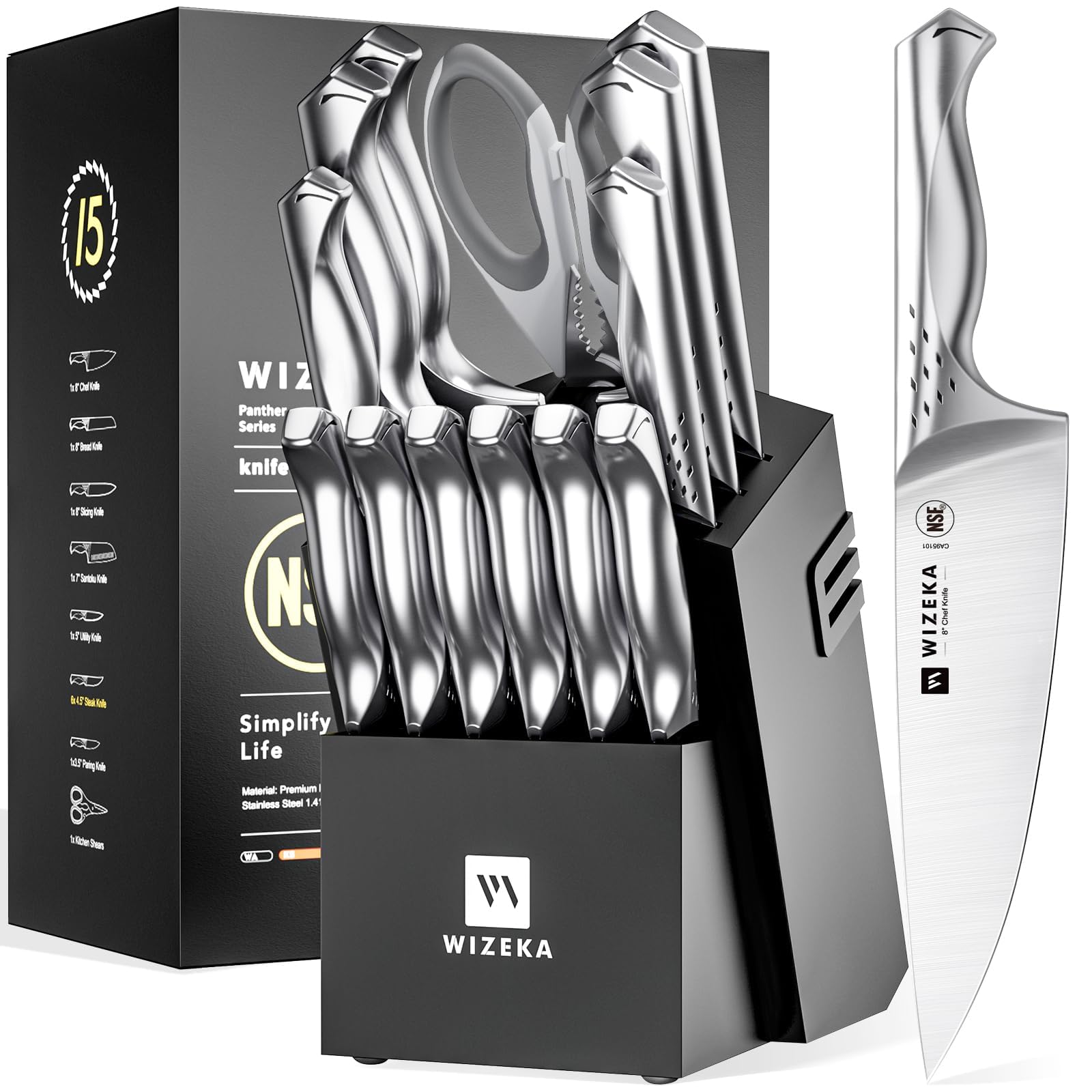 15-Piece Professional Chef Knife Set with Block - Razor Sharp German Stainless Steel Kitchen Knives with Sharpener | Jaguar Series | Perfect for Home Cooking, Restaurant Use & Gift Giving