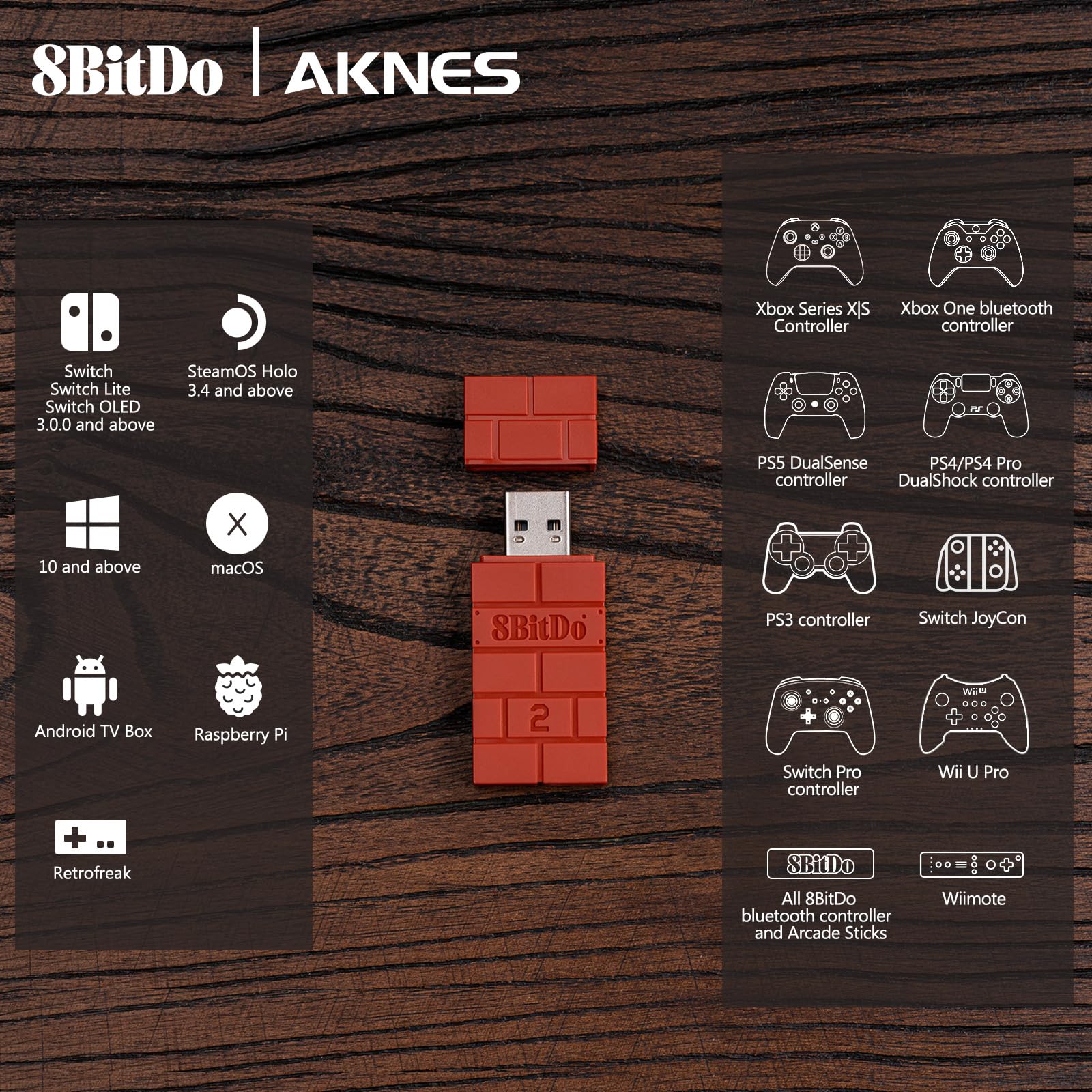 8BitDo USB Wireless Controller Adapter 2 - Universal Bluetooth Converter for Nintendo Switch/Switch OLED, Windows PC, Raspberry Pi, PS5/PS4/PS3, Xbox Series X/S, Xbox One - Includes OTG Cable (Brown) | Perfect for Gaming, Retro Emulation & Multi-Platform Controller Support