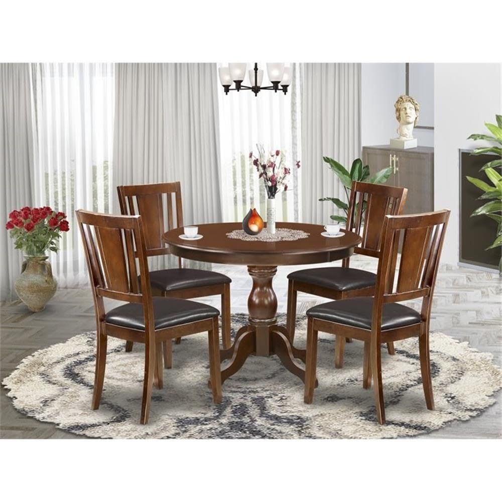 Modern 5-Piece Dining Table Set with Round Wooden Table & 4 Linen Fabric Chairs - 42x42 Inch Mahogany for Small Spaces, Breakfast Nook, or Apartment Dining Room