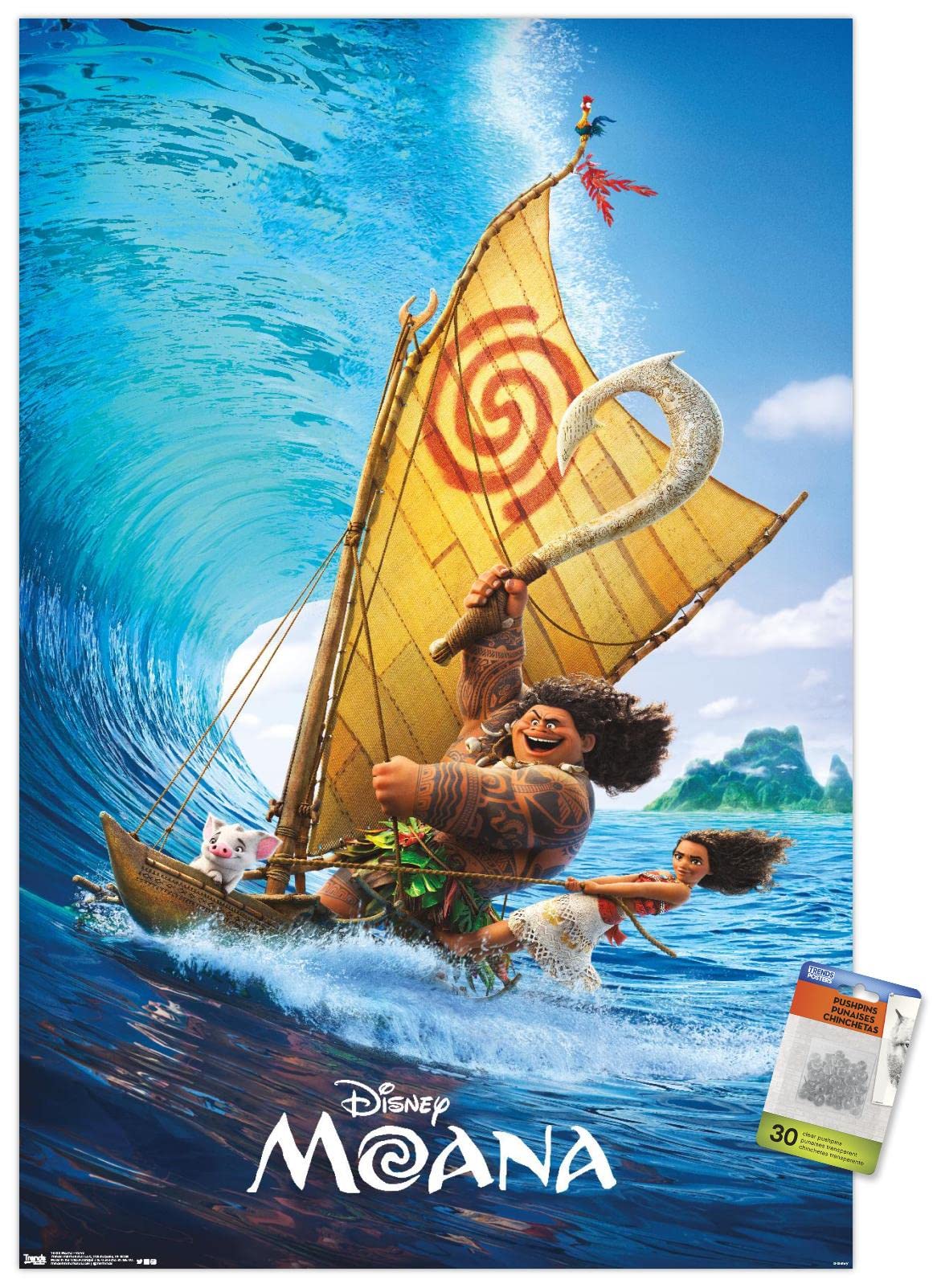 Disney Moana Wave Wall Poster with Push Pins - Vibrant Ocean Themed Decor for Kids' Room, Nursery, or Classroom
