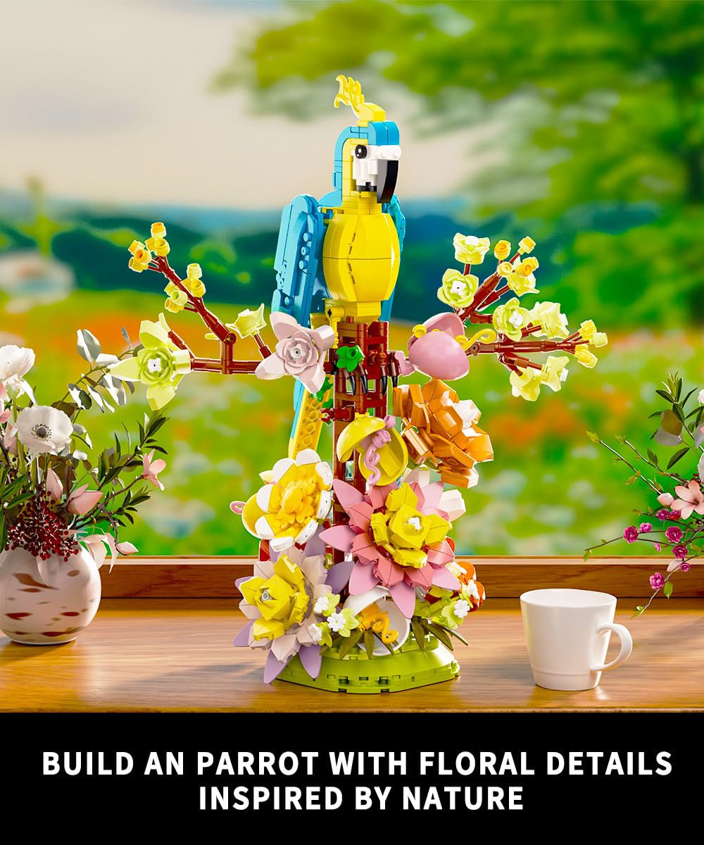 1162pcs Flowers and Parrot Building Blocks Set - Compatible with Lego Botanical Collection, Cute Bird & Succulent Plants - Perfect Gift for Valentine's Day, Mother's Day & Anniversary - Creative Home Decor & Relaxing DIY Project