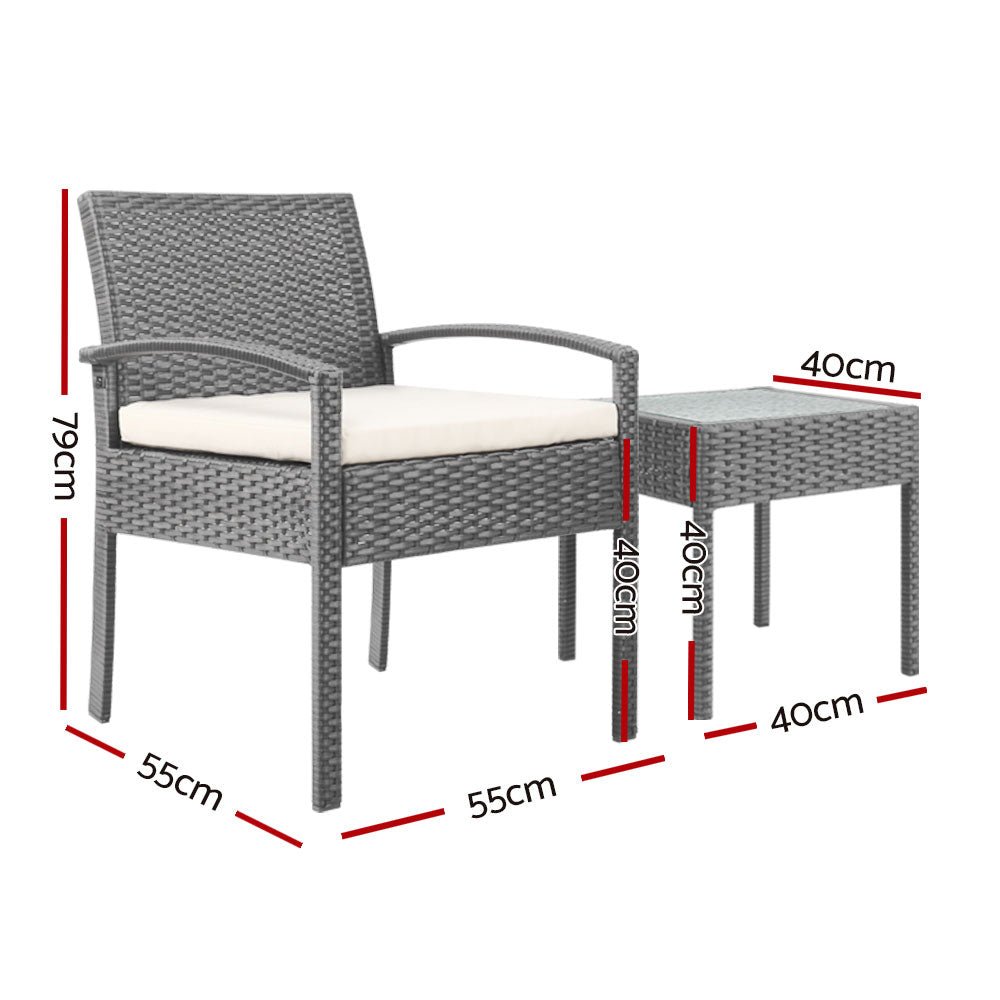 3-Piece Patio Furniture Bistro Set - Outdoor Wicker Lounge Chairs & Table - Weather-Resistant Grey Rattan for Garden, Balcony, Backyard Dining & Relaxation