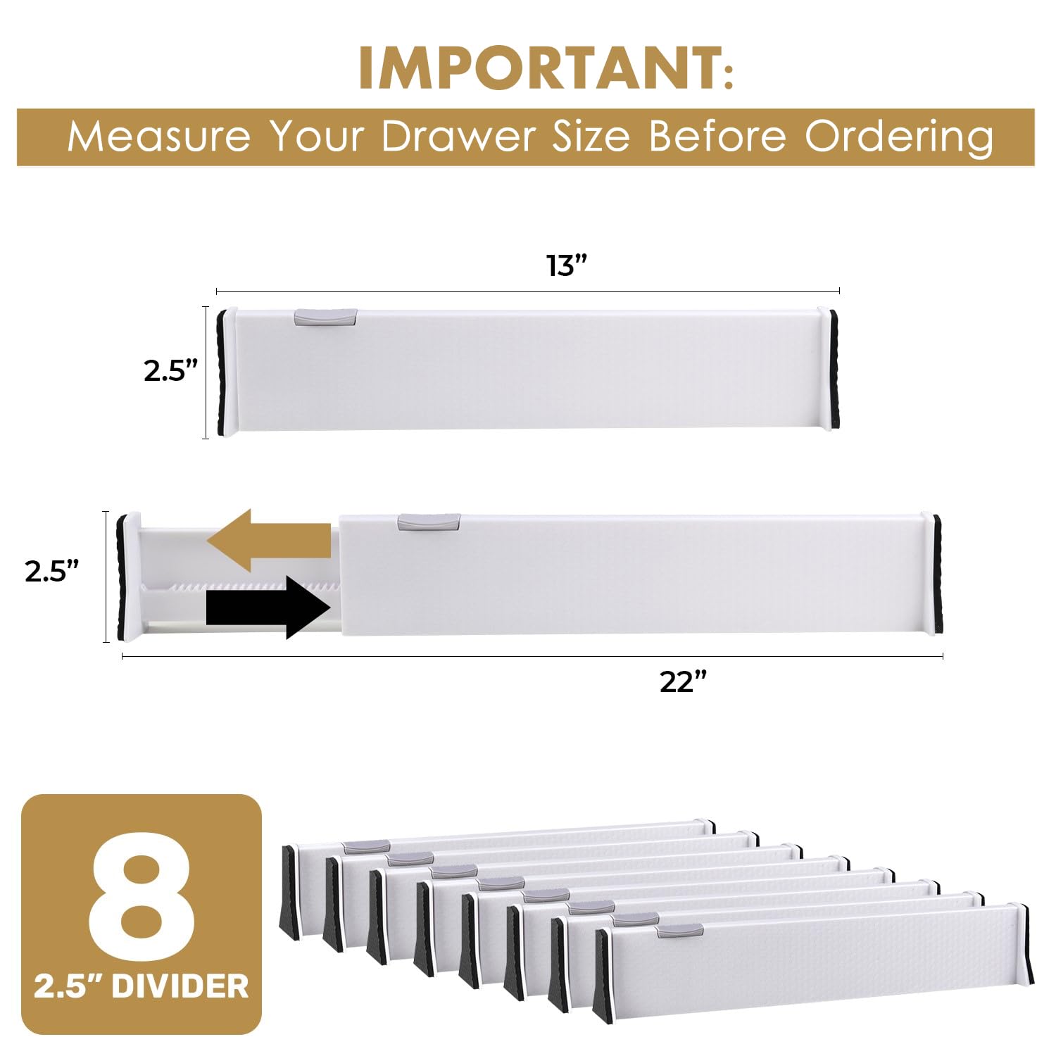 Adjustable Drawer Dividers 8-Pack - Expandable 13-22 Inches, 2.5