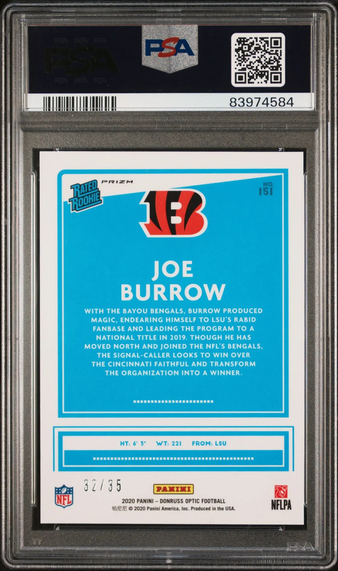 2020 Panini Donruss Optic Joe Burrow Rated Rookie Lime Green PSA 9 /35 - Rare Football Trading Card for Collectors & Sports Fans - Perfect for Display, Investment & Memorabilia Collections