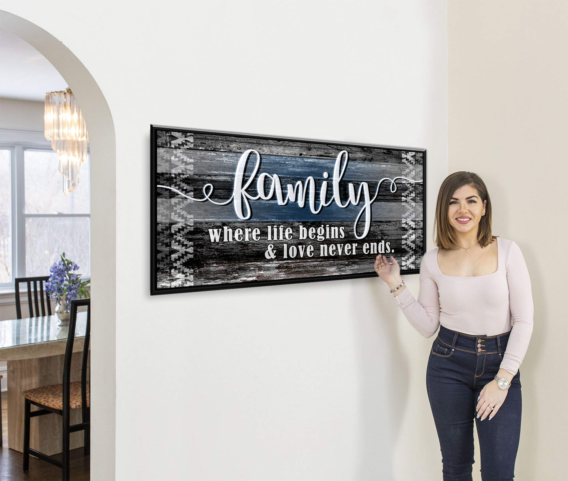 Family Where Life Begins Wall Art Sign - Rustic Farmhouse Decor with Floating Frame (Blue/Black, 42x19) - Perfect for Living Room, Bedroom & Entryway Home Decor