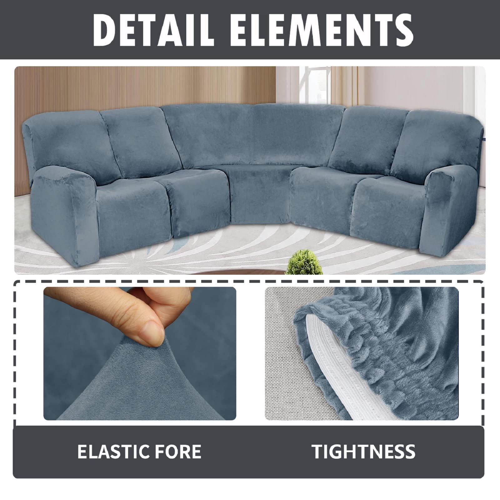 7-Piece Velvet Sectional Sofa Cover Set - High Elastic Recliner & L-Shape Couch Slipcover with Separate Cushions, Pet-Friendly for Dogs & Cats (Grey Blue) - Perfect for Living Room, Home Theater & Family Gatherings