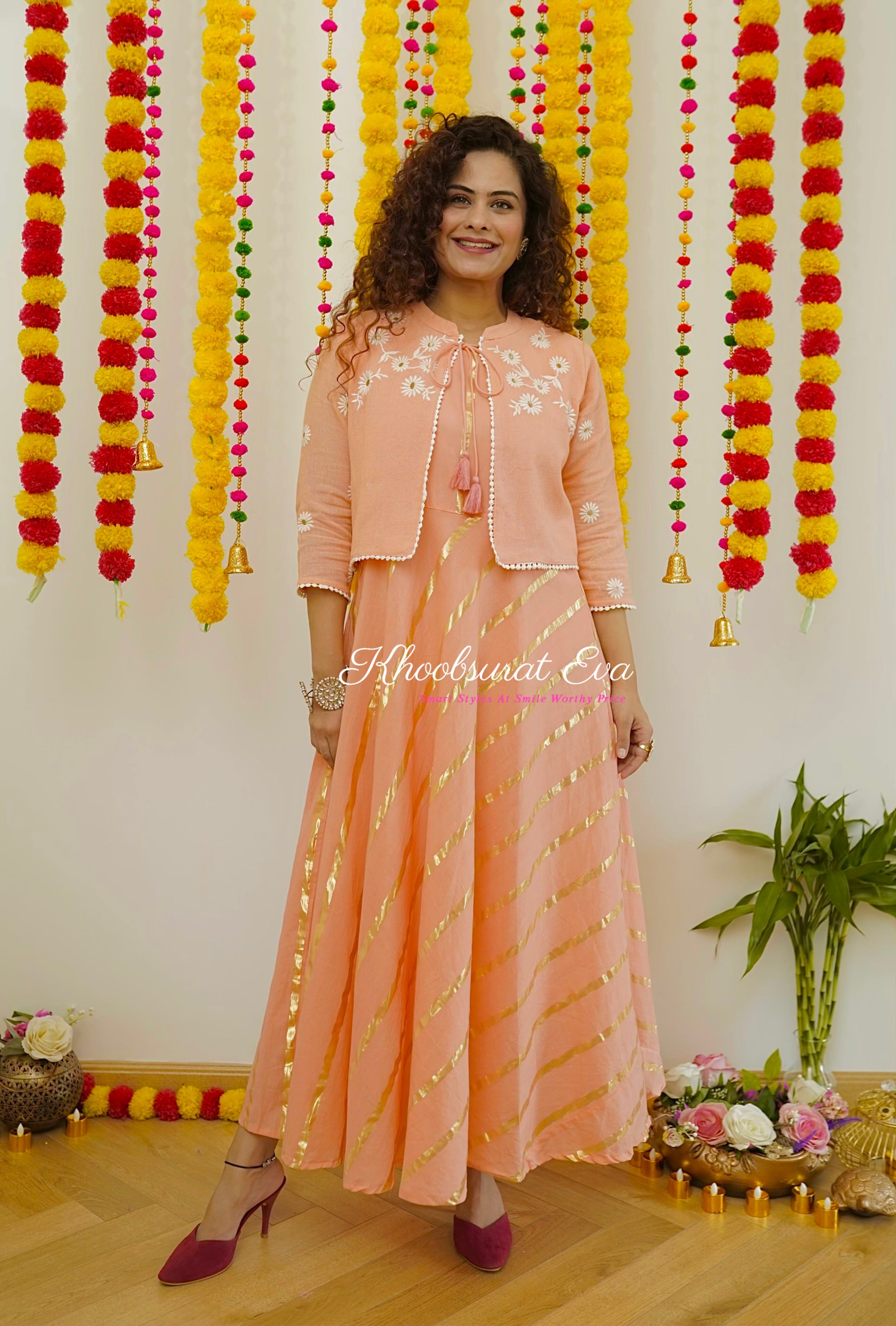 Elegant Peach & White Embroidered Jacket and Maxi Dress Set (2-Piece) - Perfect for Weddings, Parties & Special Occasions