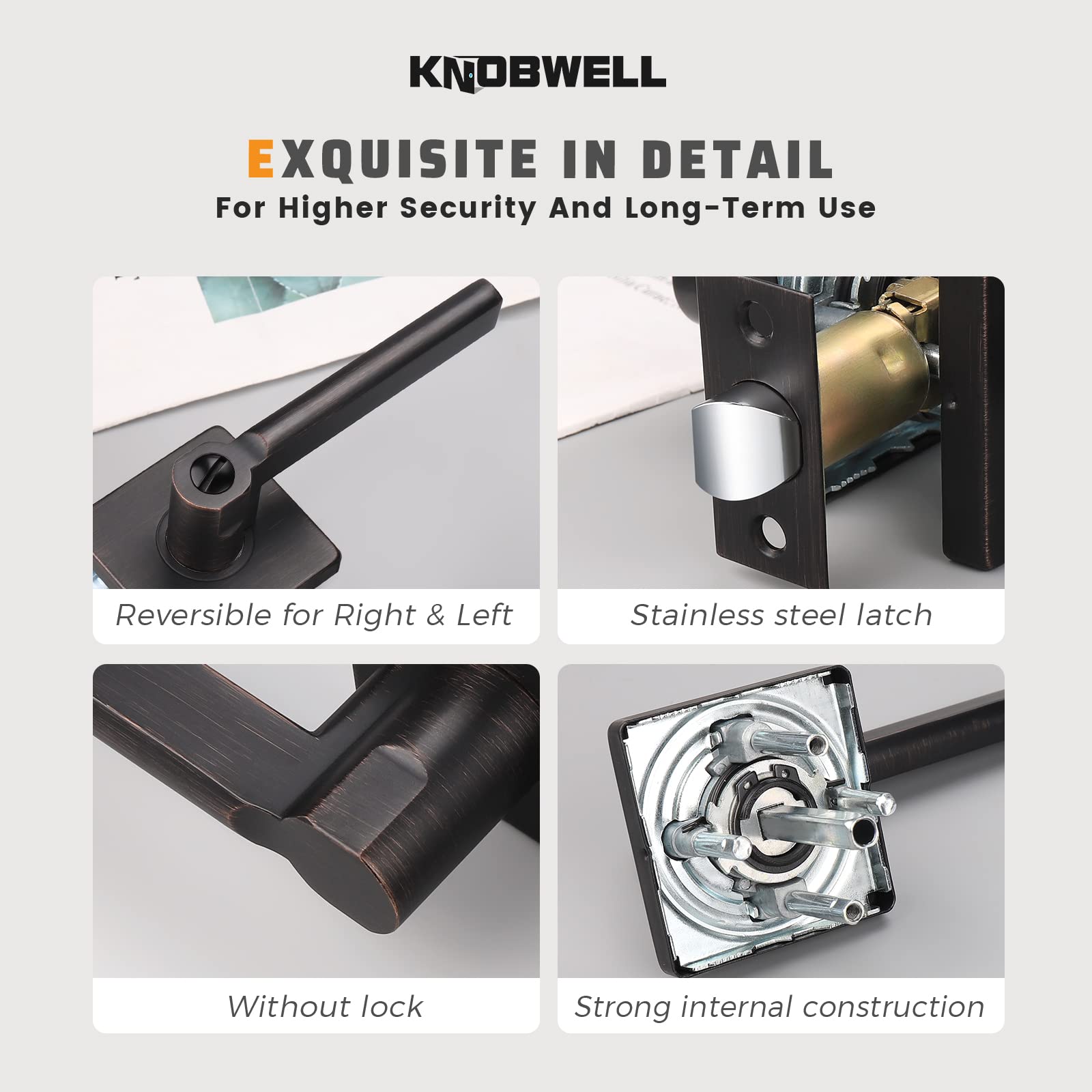 KNOBWELL 6-Pack Modern Square Passage Door Lever Set - Keyless Entry Door Handles for Hall, Closet & Interior Doors - Oil Rubbed Bronze Finish - Reversible for Right/Left Hand Use - Perfect for Home, Office & Commercial Spaces