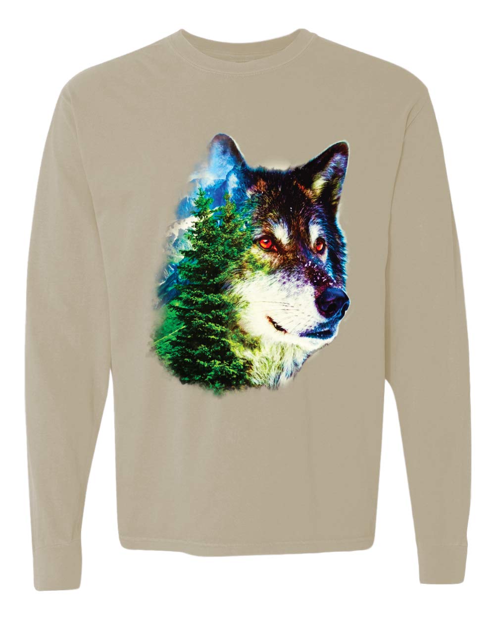 Earth Wolf Trees Mountains Nature Animal Lover Garment-Dyed Washed Look Long Sleeve T-Shirt | Eco-Friendly Casual Tee for Outdoor Adventures & Nature Enthusiasts