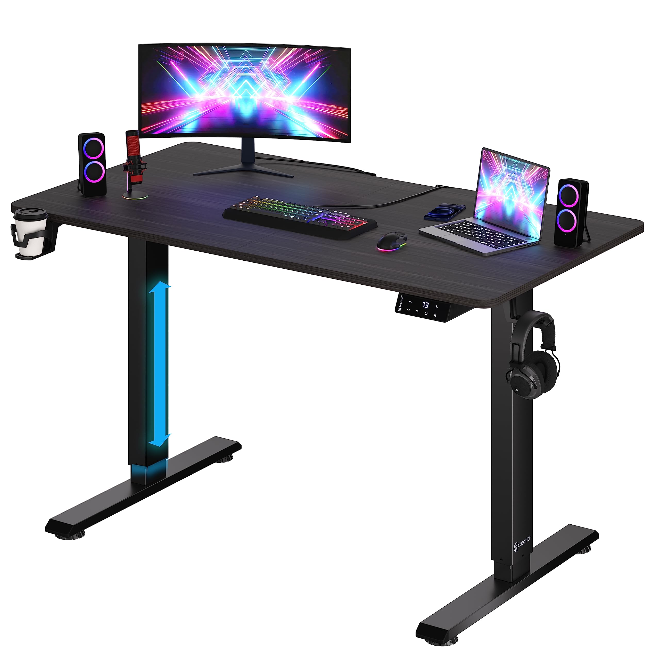 CASARIA Adjustable Height Ergonomic Desk with 2 Reminder Timers, Max Load 120kg, Cup Holder - Perfect for Home Office, Gaming & Study Workspace