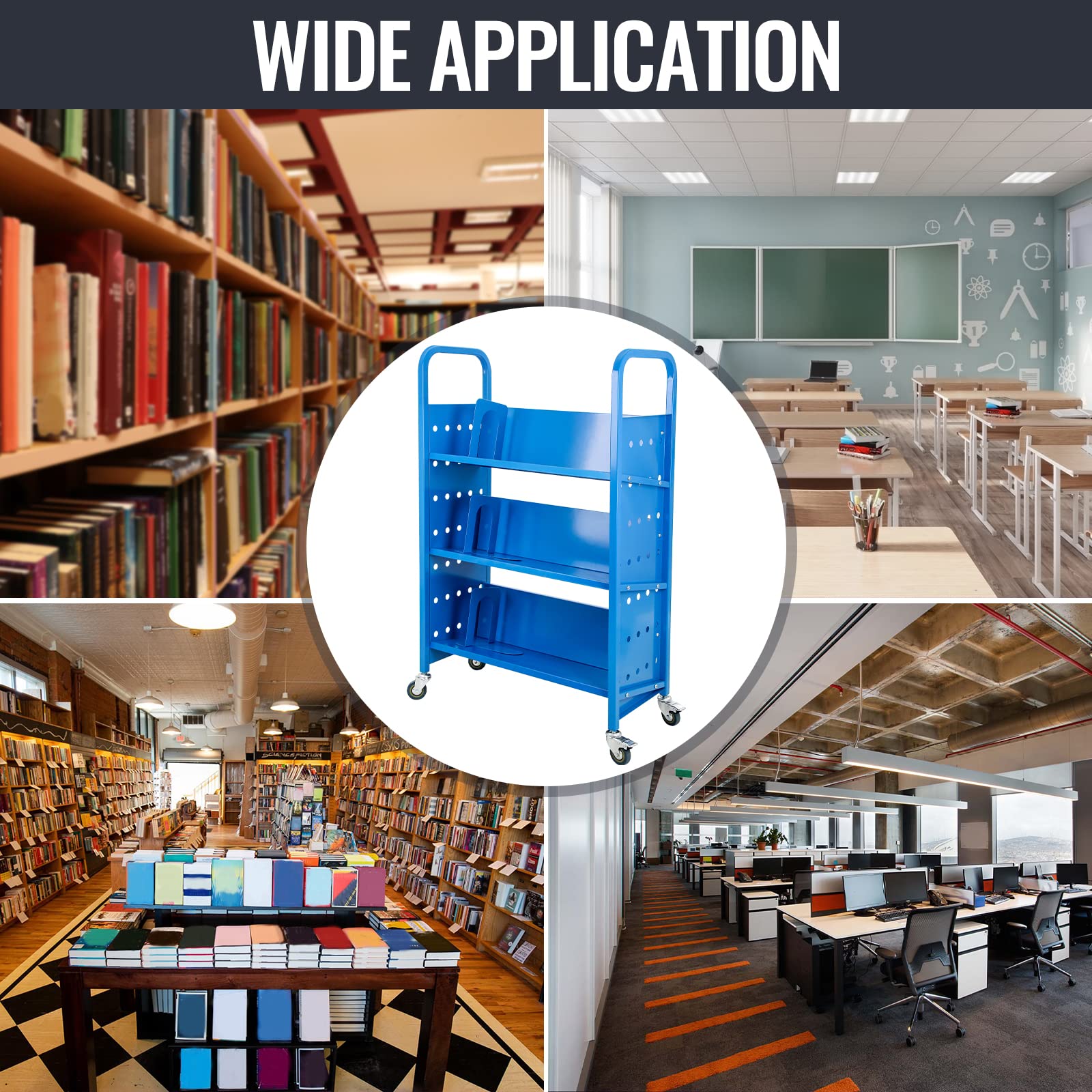 200Lbs Heavy Duty Book Cart with V-Shaped Sloped Shelves - 30x14x49 Inch Rolling Library Cart with 2 Lockable Wheels for Home, Office & School - Perfect for Book Storage, Classroom Organization & Library Book Transportation (Blue)