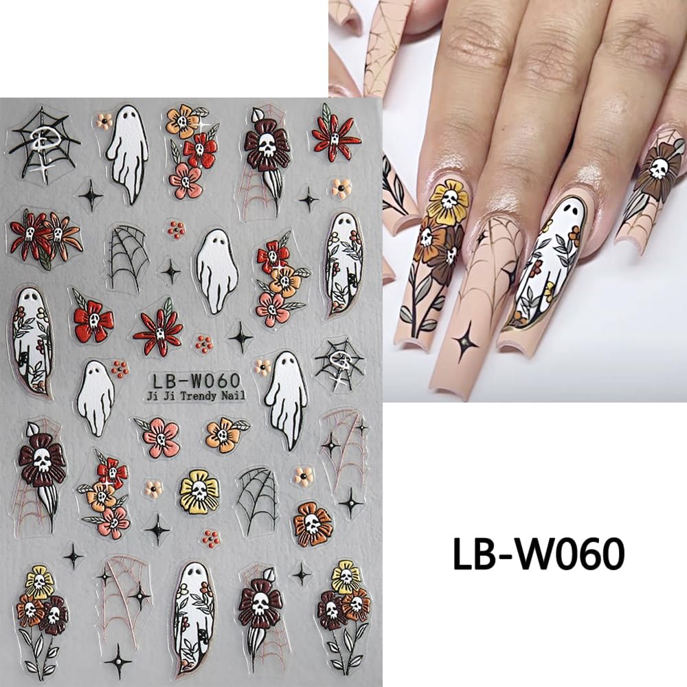 Halloween Nail Stickers - 5D Embossed Ghost & Skull Floral Nail Decals - Self-Adhesive Nail Art Supplies for Women & Kids - 2PCS - Perfect for Halloween Parties, Costume Nails & Spooky Manicure Decorations