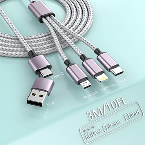 MTAKYI 3M USB C Fast Charging Cable 4-in-1 Nylon Braided Multi Charger - Type C to USB C/iPhone Sync & Fast Charge - Compatible with Laptop Tablet Phone - Perfect for Home Office Travel Car Charging