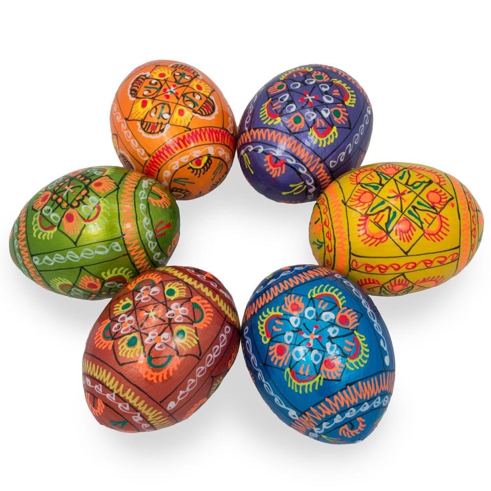 Set of 6 Pearlized Ukrainian Pysanky Wooden Easter Eggs 2.5 Inches - Perfect for Easter Decorations, Gift Giving, and Holiday Crafting