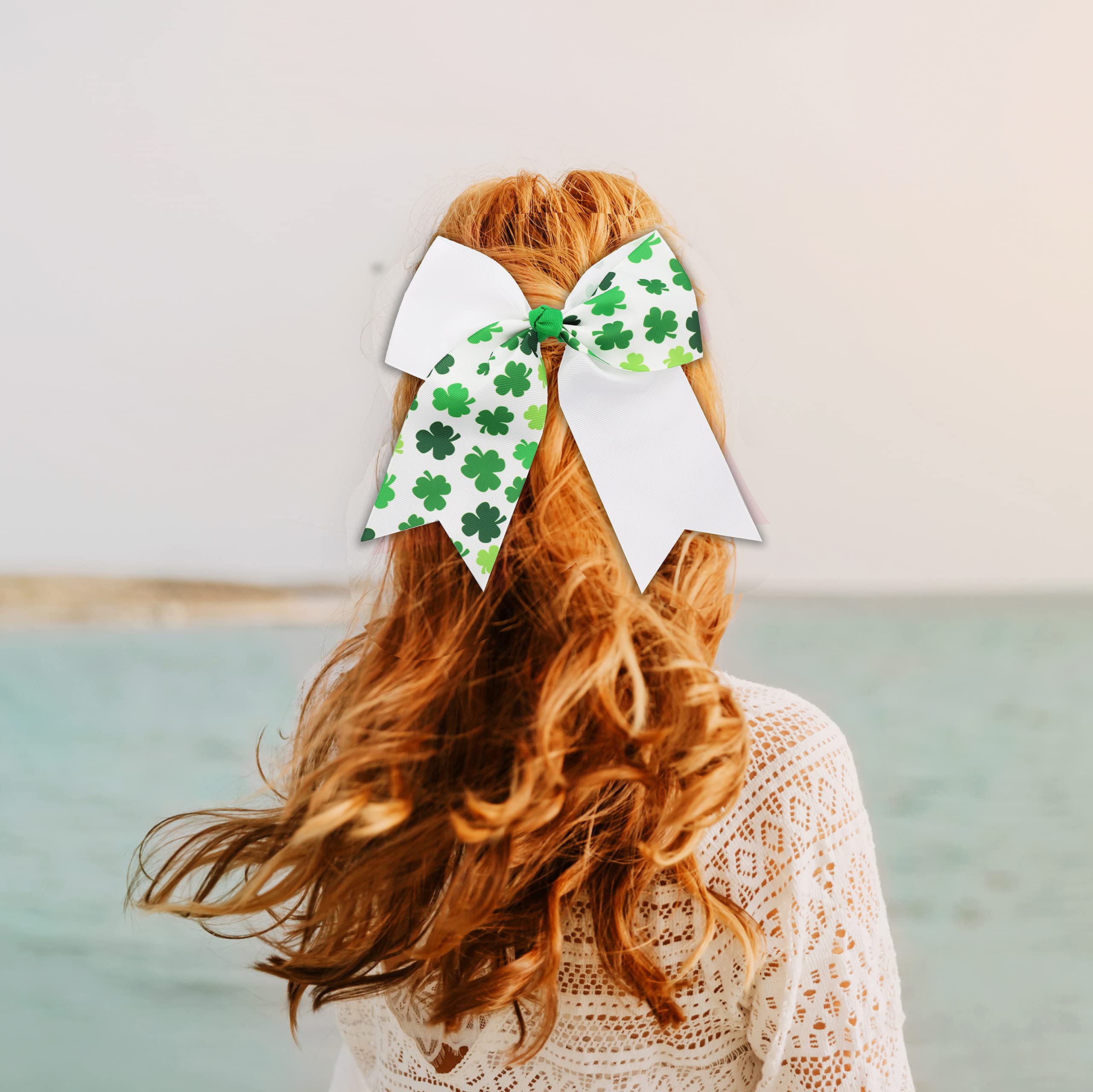 St Patrick's Day White Shamrock Hair Bow with Tails - Perfect for Irish Festivals, Parades, and Themed Parties