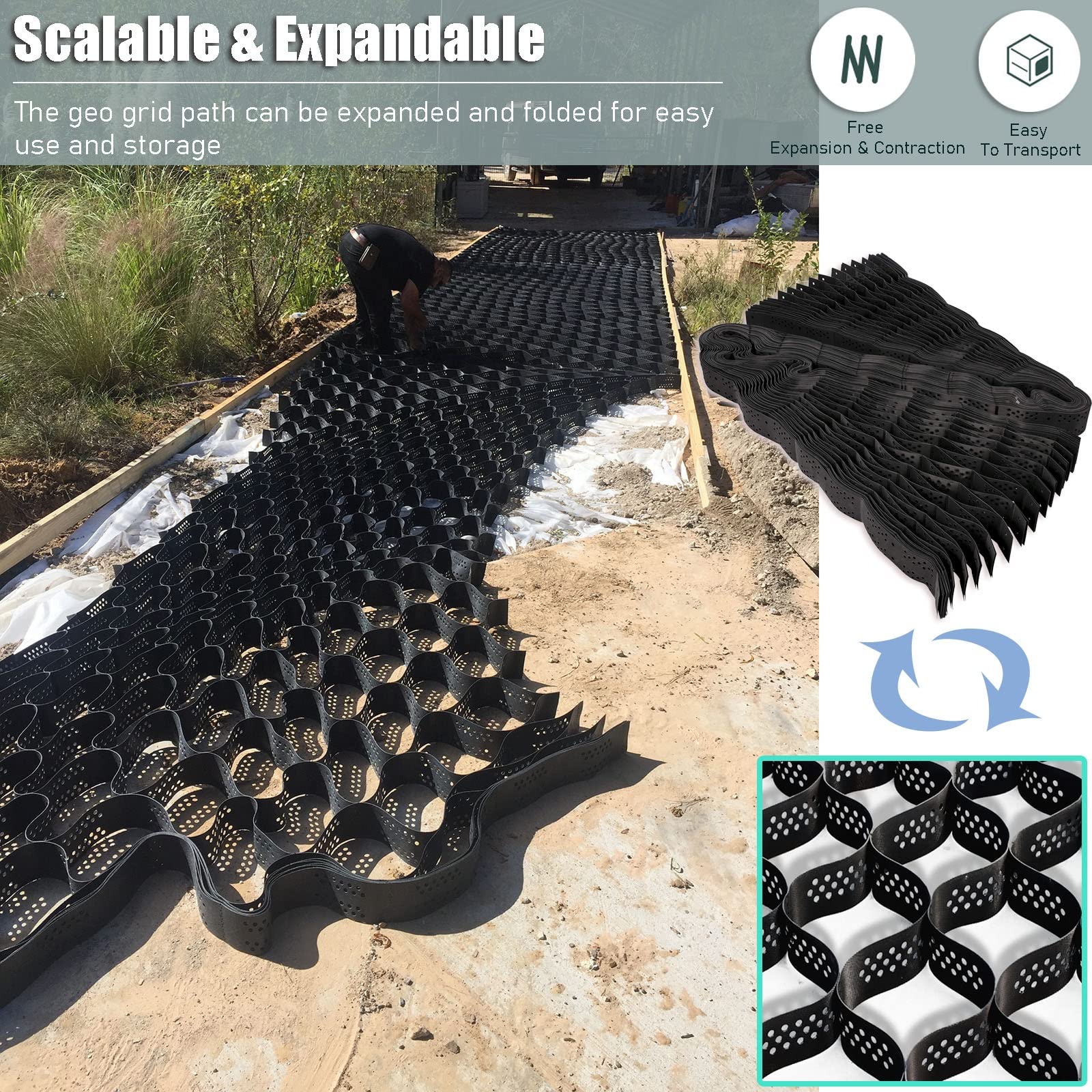 2 Inch Tall Permeable Geo Grid - Heavy Duty Polyethylene Ground Stabilization Grid (6x9m/19.7x29.5ft) for Subgrade Reinforcement, Landscaping, Parking Lots & Driveways | Foldable, Scalable Solution for Erosion Control & Soil Stabilization