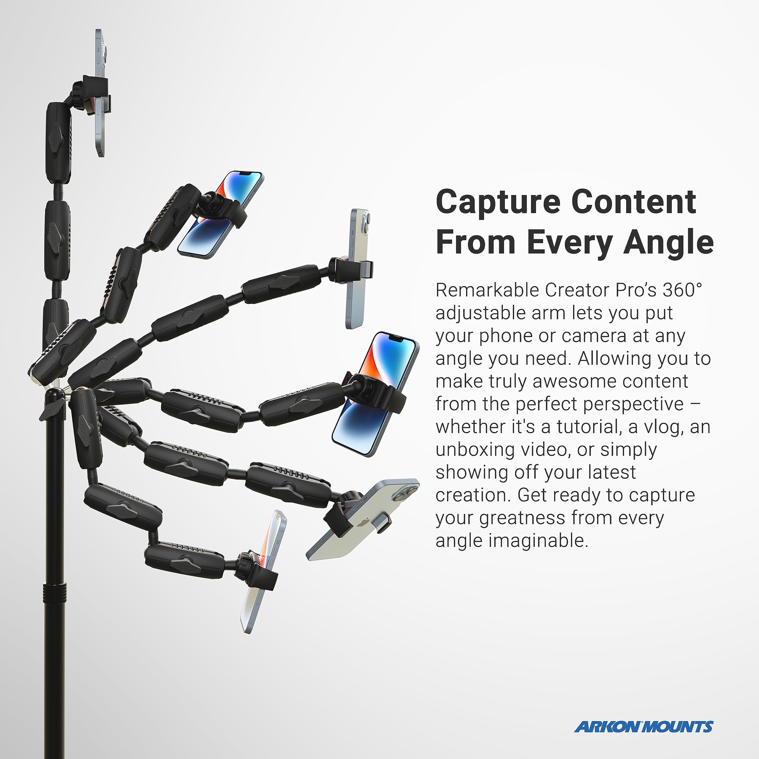 ARKON Mounts - Adjustable Overhead Phone Mount & Pico Projector Mount | Tripod Stand for Video Recording, Vlogging, Cooking, Crafting, Drawing | Perfect for Content Creators, Bakers & DIY Enthusiasts