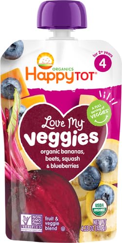Happy Tot Love My Veggies Stage 4 Organic Baby Food Pouch - Banana Beet Squash & Blueberry Blend (4.22 oz) | USDA Certified Organic Toddler Snacks | Fruit & Vegetable Puree for Kids | Perfect for On-the-Go Meals, Daycare Lunches & Healthy Snacking
