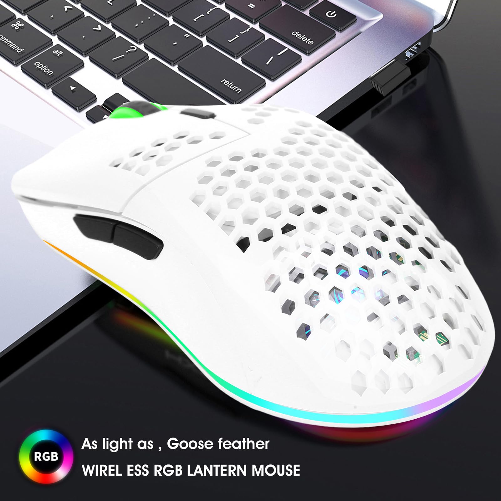 Zunate Wireless Gaming Mouse - 2.4GHz Hollow RGB Mouse with 3600DPI & 6 Programmable Buttons for PC, Laptop, Computer (White) - Perfect for FPS, MOBA Games & Office Work