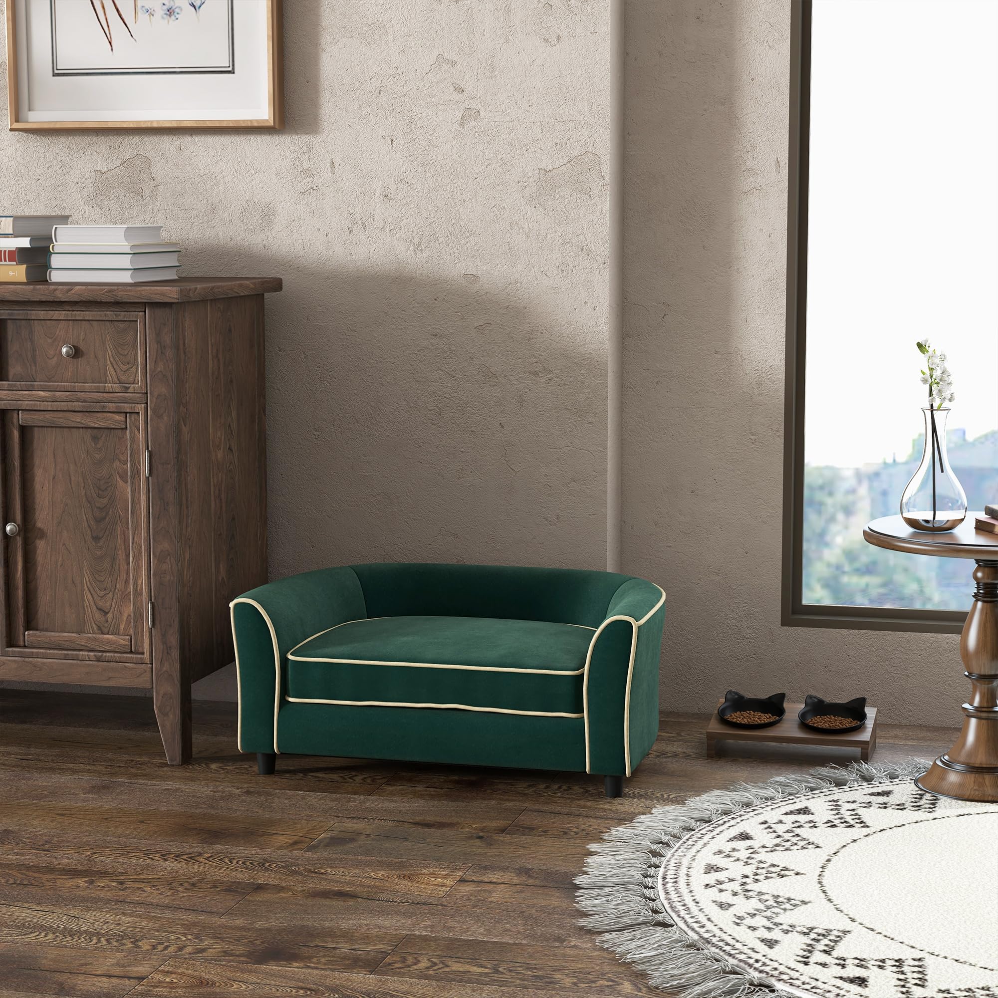 PawHut Modern Dog Sofa Bed for Small & Medium Dogs - Soft Cushion with Washable Removable Cover, Dark Green - Cozy Pet Couch for Living Room, Bedroom & Apartment