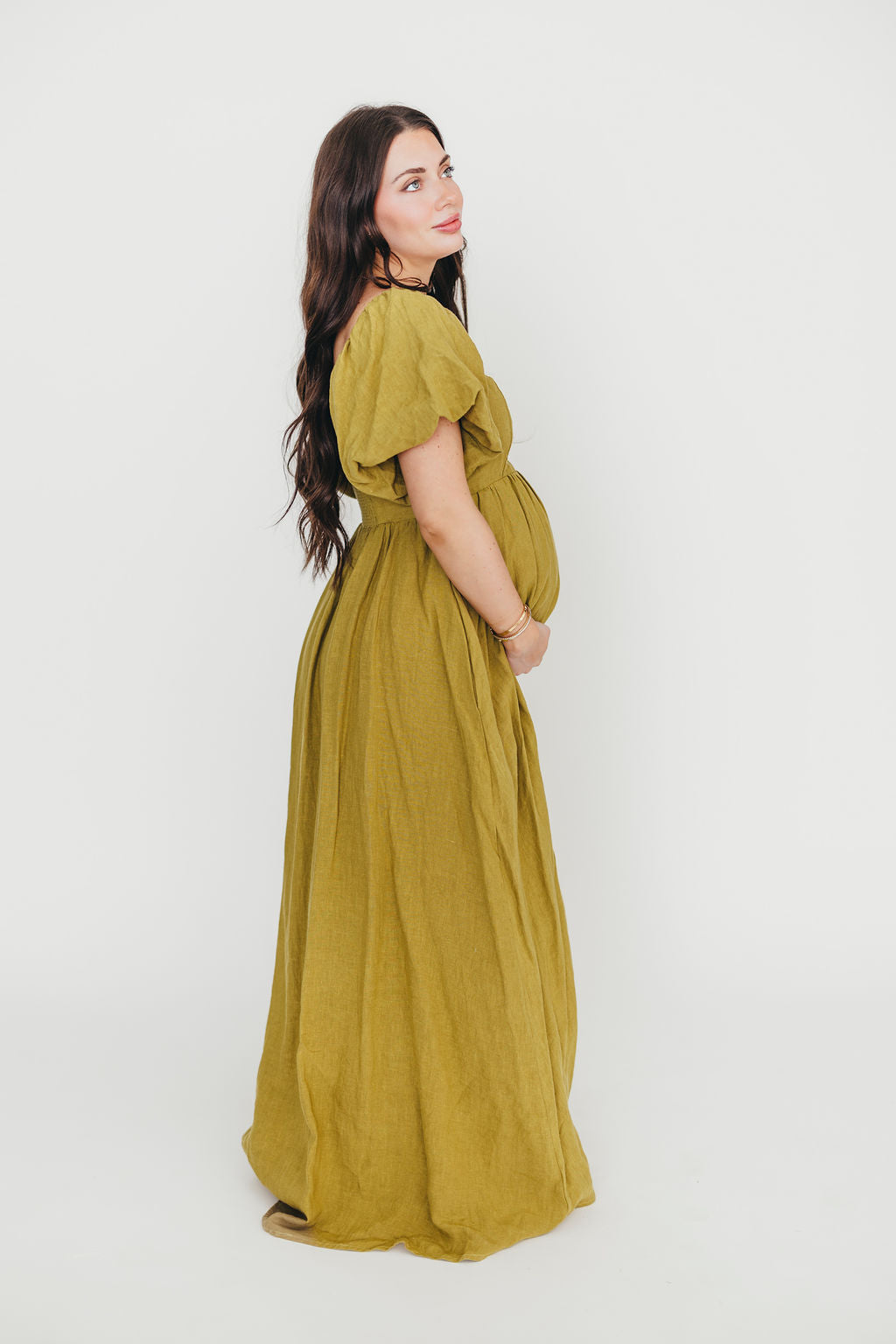 Candace Maxi Dress in Olive - 100% Linen Bump Friendly Maternity Dress for Women - Perfect for Summer, Beach, and Casual Outings