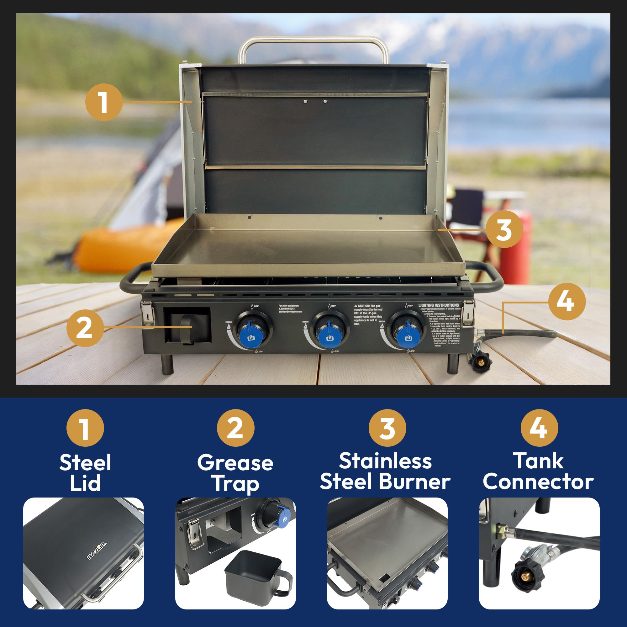 Portable Gas Griddle Grill - 2 Burner Outdoor Stove for Backyard BBQ, Camping & Tailgating | Tabletop Cooking Station for Pancakes, Burgers & More