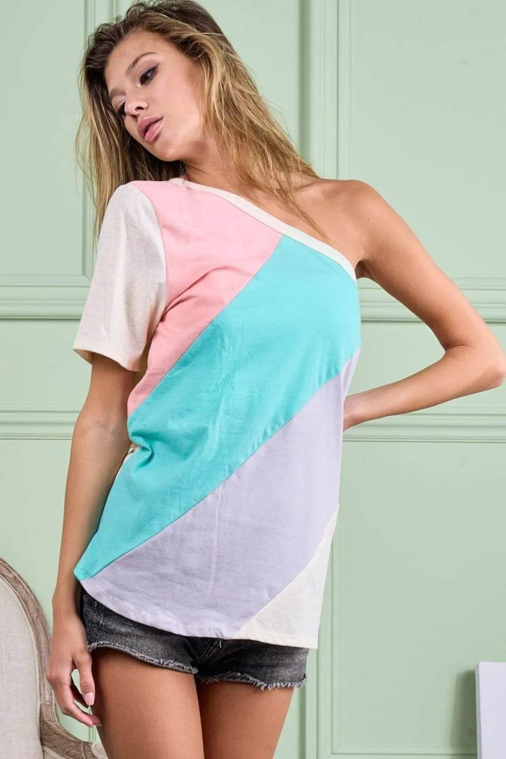 Stylish BiBi Cotton Color Block One Shoulder Top for Women | Trendy Summer Casual Wear | Perfect for Beach Outings, Parties & Date Nights