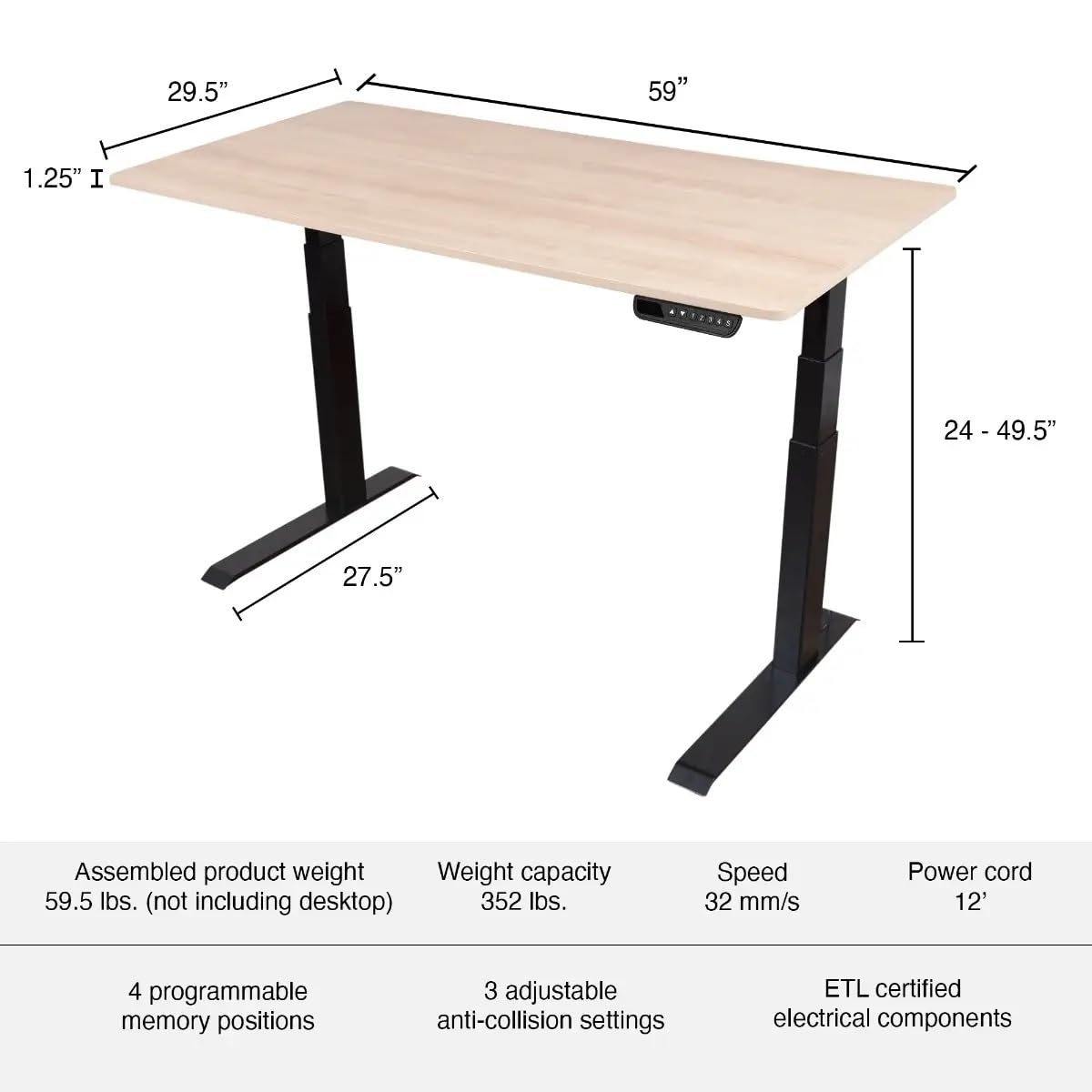 Dual Motor Electric Adjustable Height Standing Desk with Sturdy Steel Frame - Easy Assembly (Charcoal Frame/Natural Walnut Top, 60