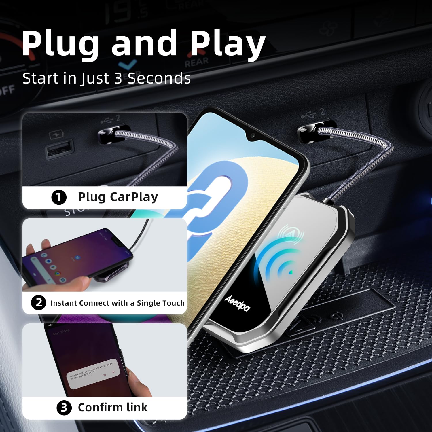 Wireless Android Auto CarPlay Adapter - Plug & Play Bluetooth Dongle for Seamless Touch Connection & Easy Setup | Upgrade Wired to Wireless for Android Phones | Perfect for Commuting, Road Trips & Hands-Free Driving