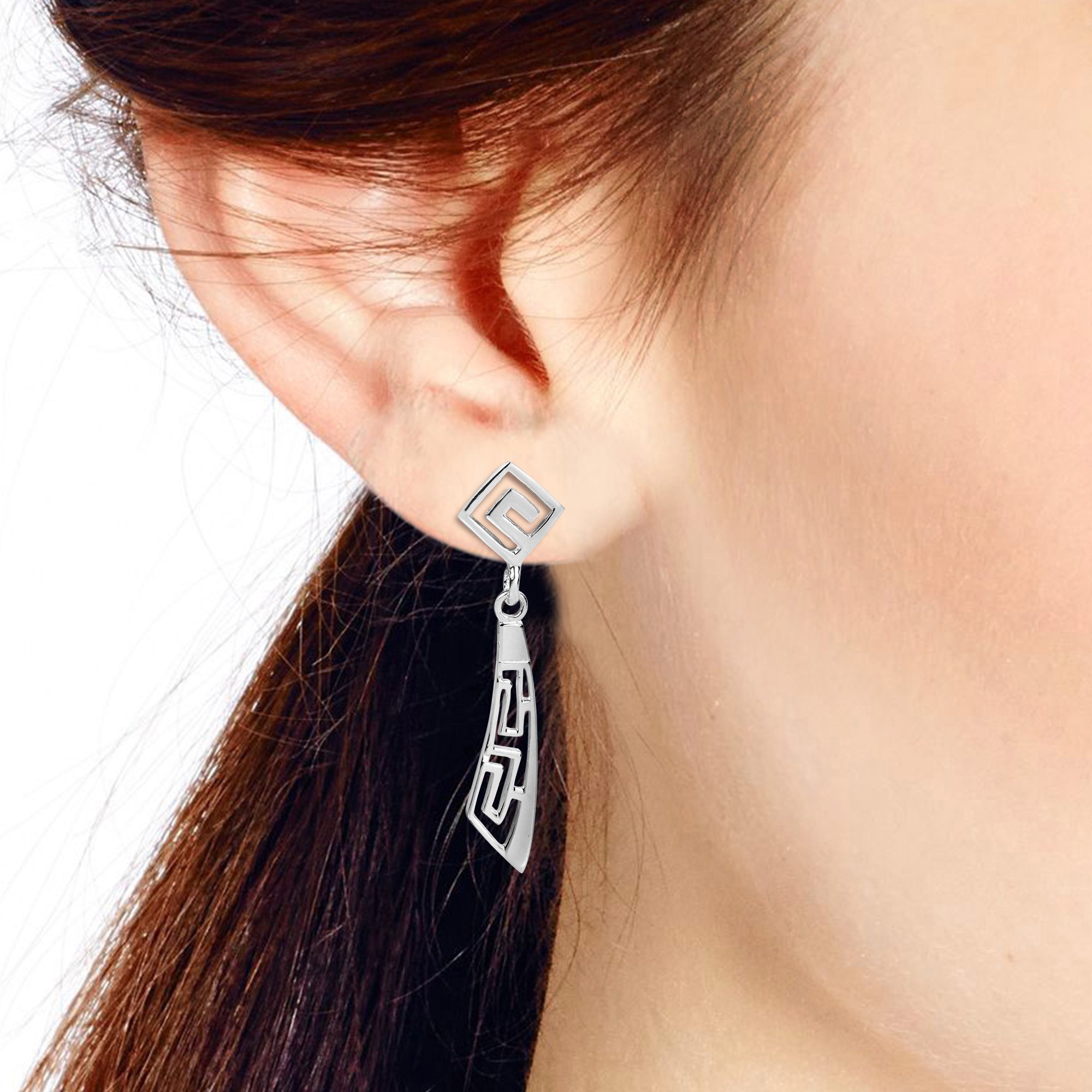AeraVida Enchanting Abstract Greek Key Style .925 Sterling Silver Dangle Earrings for Women | Elegant Everyday Jewelry for Office, Date Night & Special Occasions