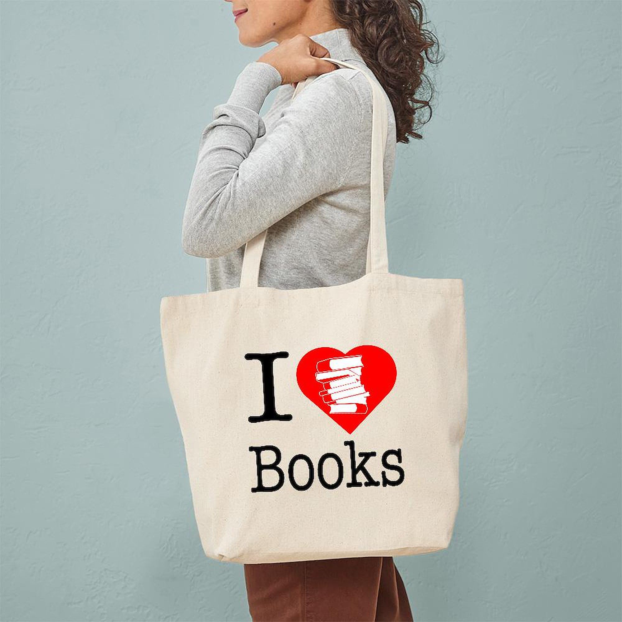 I Heart Books Tote Bag - Natural Canvas Reusable Shopping Bag for Book Lovers | Eco-Friendly Grocery Bag, Library Tote & Bookstore Shopping Bag