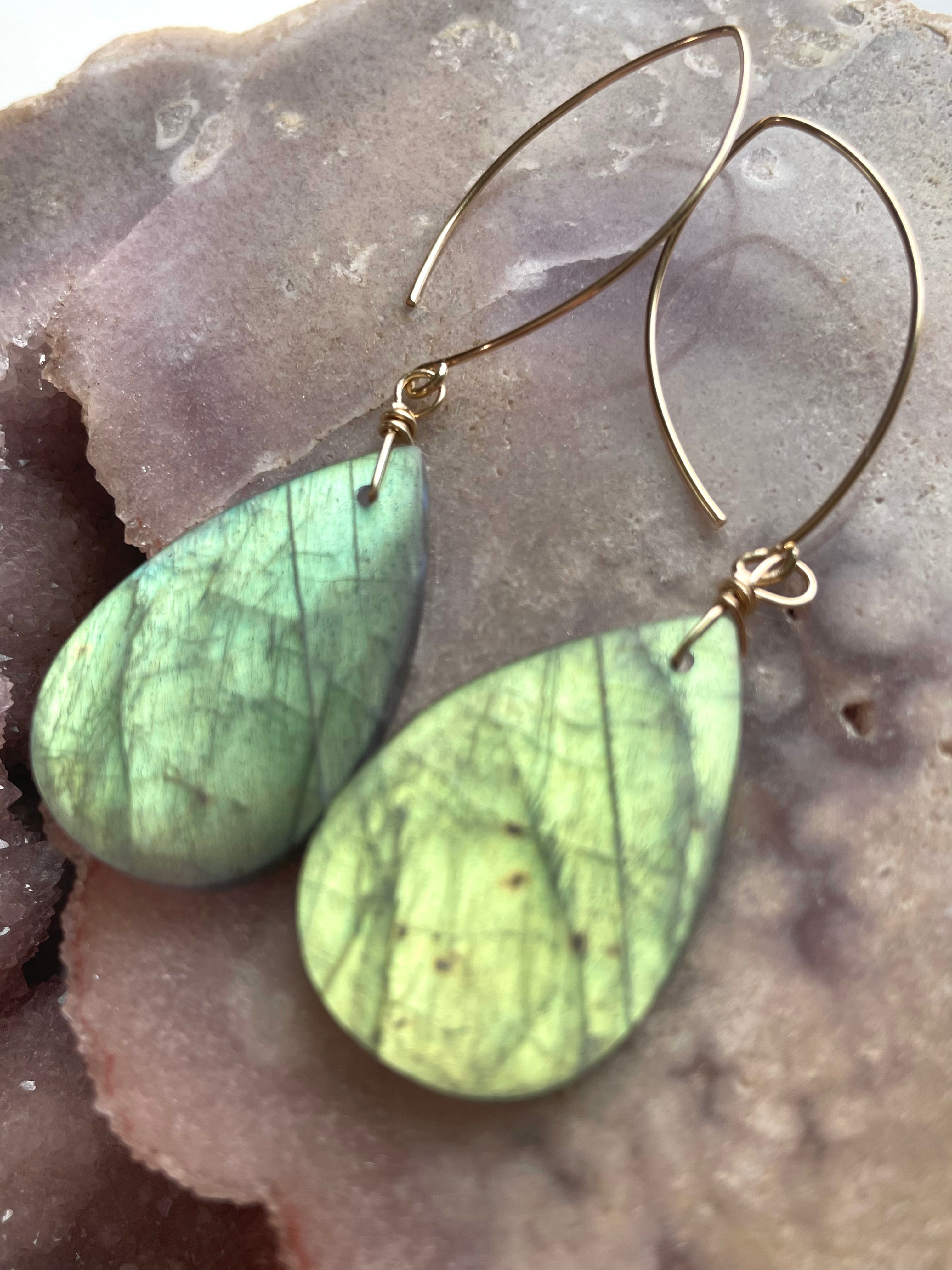 Labradorite Crystal Drop Earrings - 14K Gold Plated Dangle Earrings for Women | Elegant Boho Jewelry for Parties, Weddings & Everyday Wear