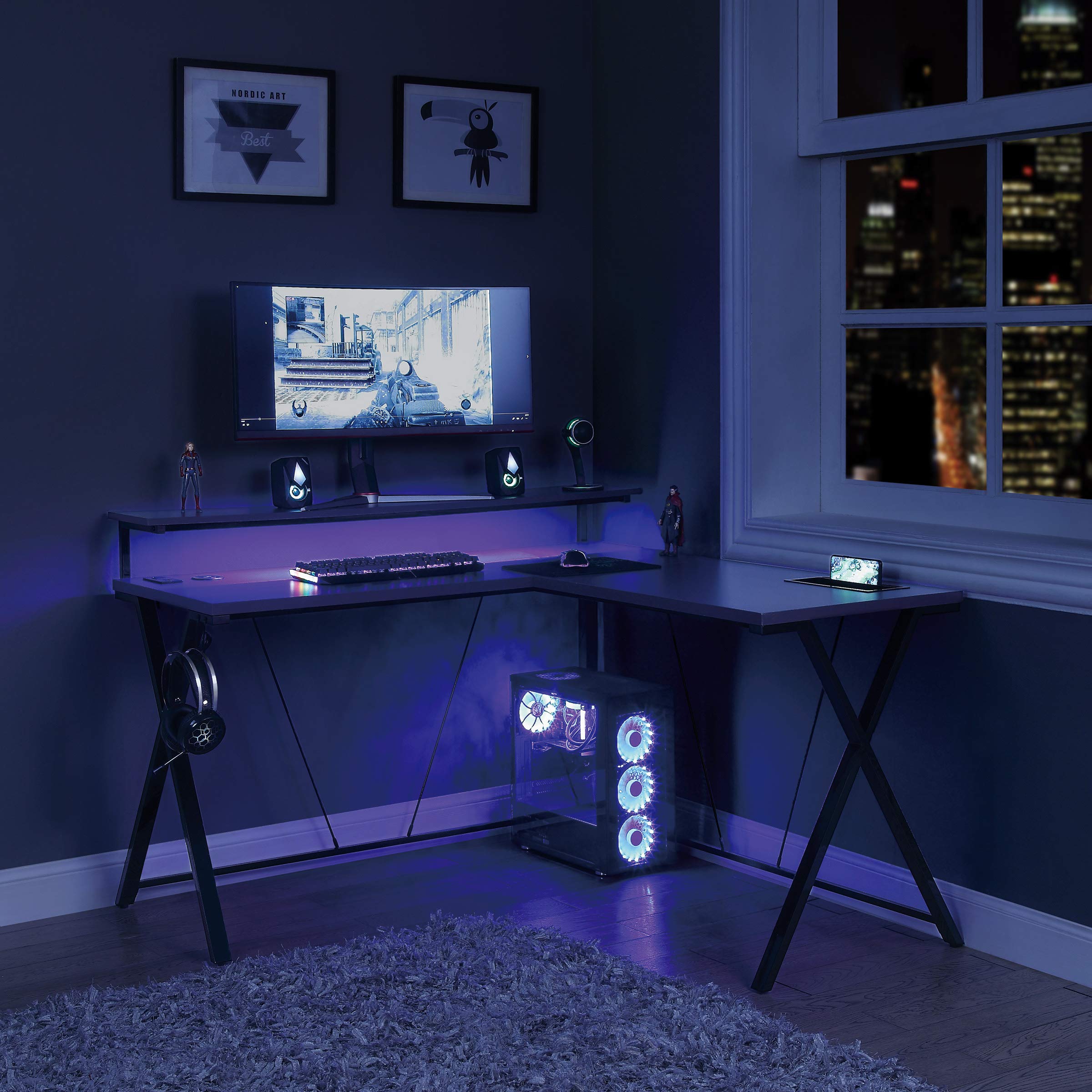 OSP Home Furnishings L-Shaped Gaming Desk with RGB LED Lights - Ergonomic Computer Desk for Gamers & Streamers, Black | Perfect for Gaming Setups, Home Office & Esports Battlestations