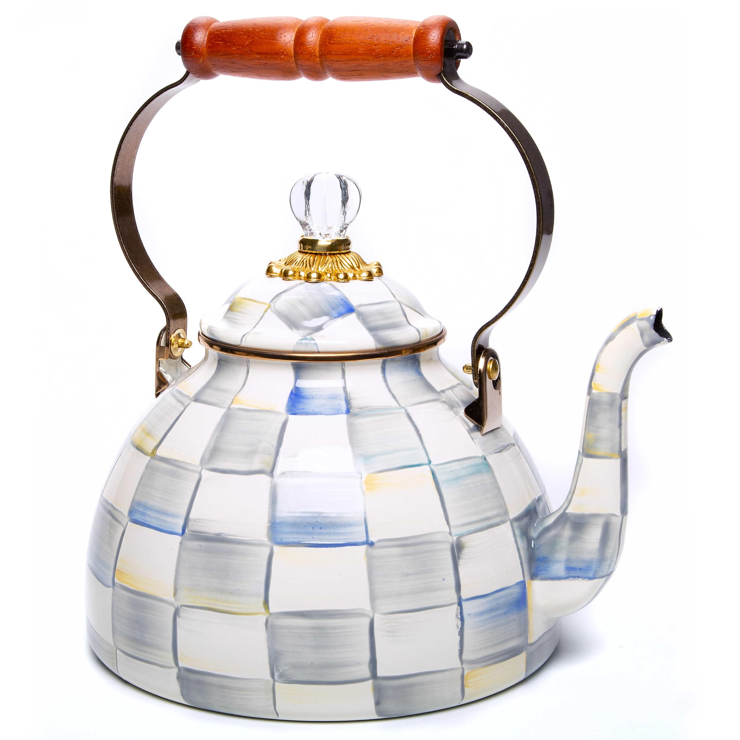 MACKENZIE-CHILDS 3 Quart Enamel Tea Kettle - Stylish Grey & White Sterling Check Stovetop Teapot - Perfect for Home Kitchen, Afternoon Tea, and Gift Giving