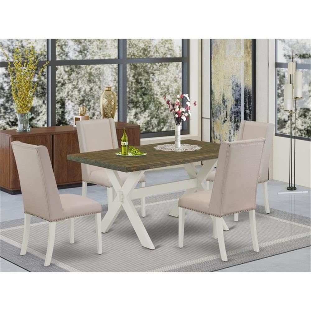 East West Furniture 5-Piece Kitchen Table Set for 4 - 36x60 Inch Rectangle Dining Table with X-Legs & 4 Cream Linen Fabric Chairs - Modern Dining Room Furniture for Small Spaces, Breakfast Nooks & Family Gatherings