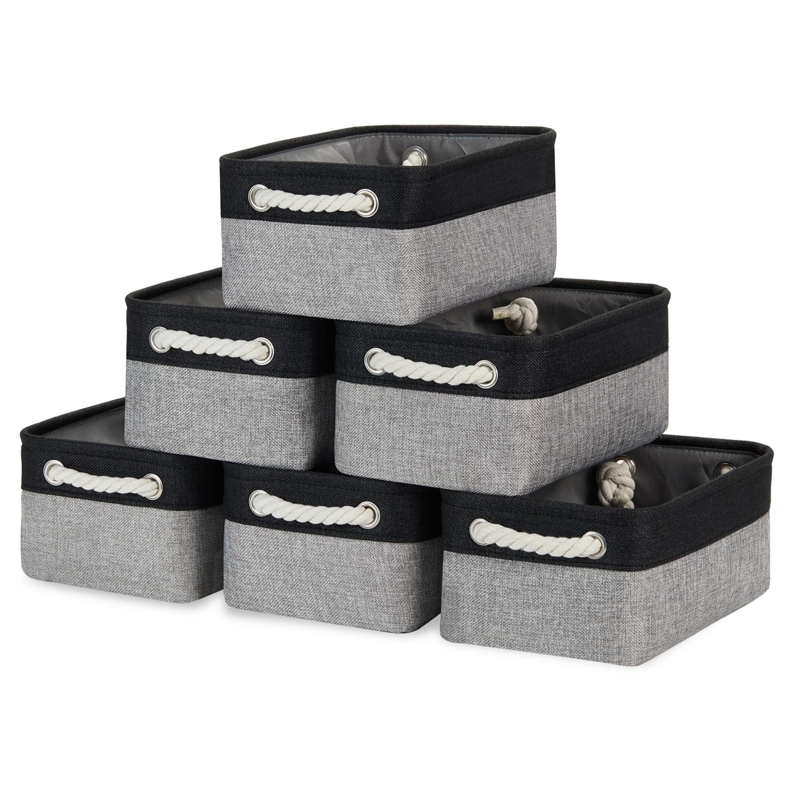 Bidtakay 6 Pack Small Collapsible Storage Baskets - 11.8 x 7.8 x 5 Inch Fabric Canvas Organizer Bins with Handles, Decorative Square Storage Containers for Cabinet, Shelf, Closet Organization (Black & Grey) | Perfect for Bedroom, Bathroom, Nursery & Office Storage Solutions