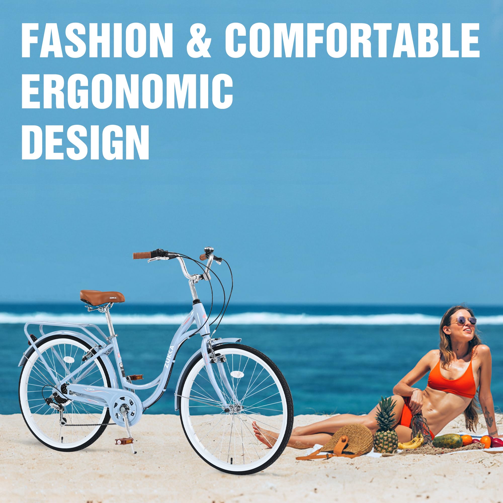**26 Inch 7-Speed Women's Cruiser Bicycle - US Stock | Beach & City Hybrid Bike in Lotus Pink (Beige) | Perfect for Commuting, Leisure Rides & Beach Outings**