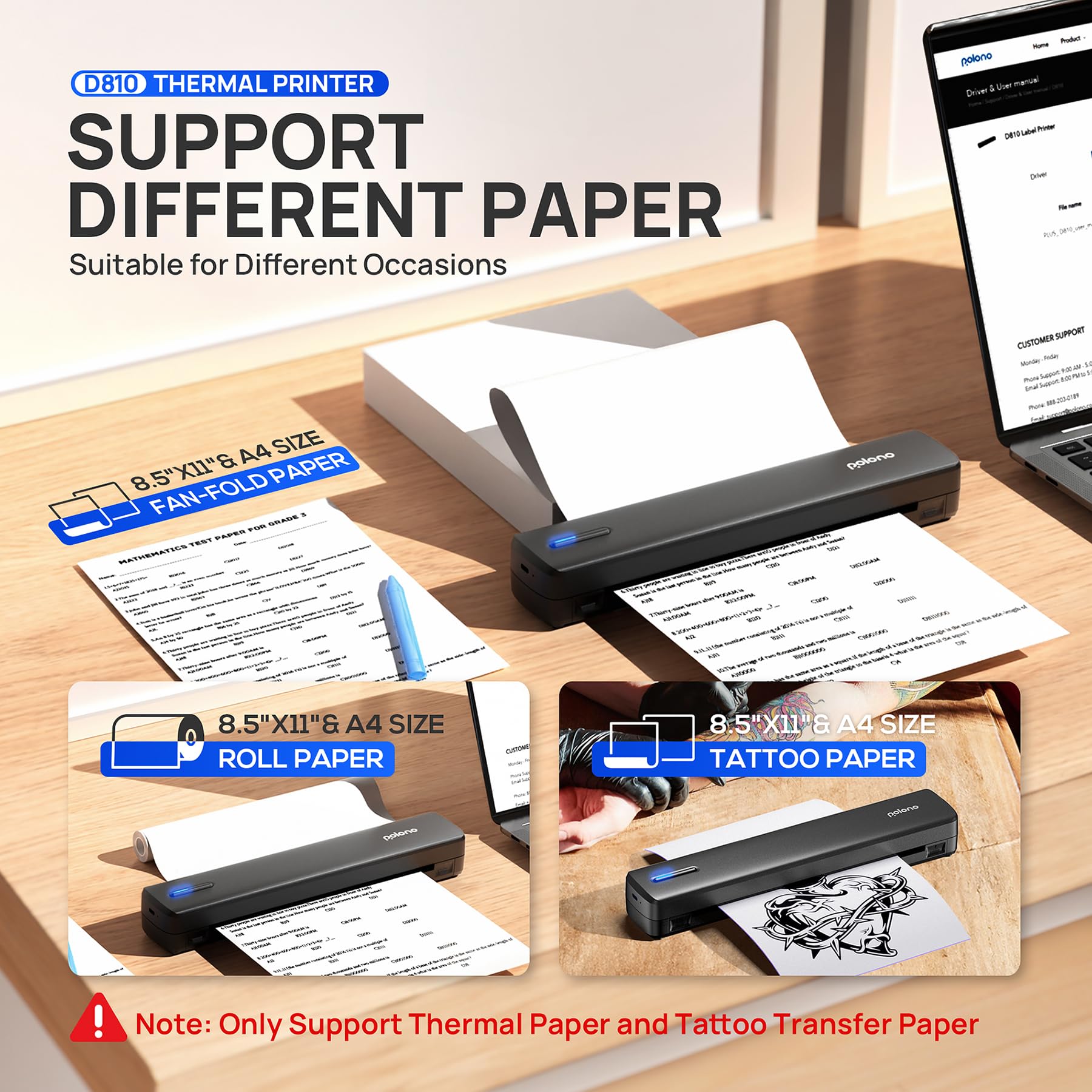 POLONO D810 Wireless Bluetooth Thermal Printer - Portable Inkless Printer for Travel, Office, Home & Car, Compatible with iOS, Android & Laptop, Prints 8.5