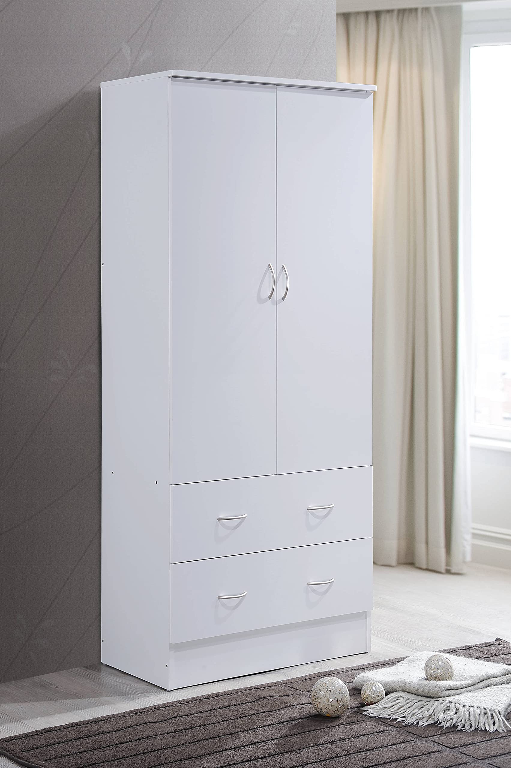 HODEDAH 2 Door Wood Wardrobe Closet with Hanging Rod & 2 Storage Drawers - White | Freestanding Bedroom Cabinet for Clothes Organization & Home Storage
