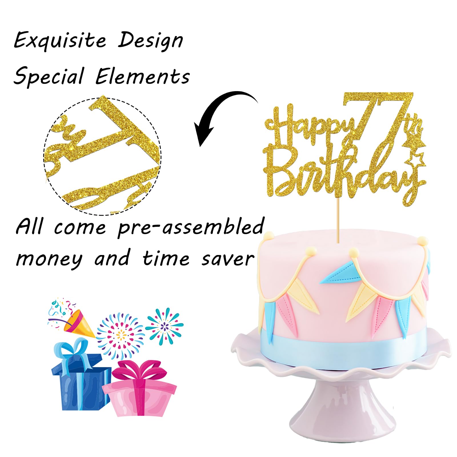 Gold Glitter Happy 77th Birthday Cake Topper - 77 Sign Cake Decoration - Cheers to 77 Years Party Supplies - 77th Birthday Party Decor for Anniversary Celebration, Retirement Party & Milestone Events