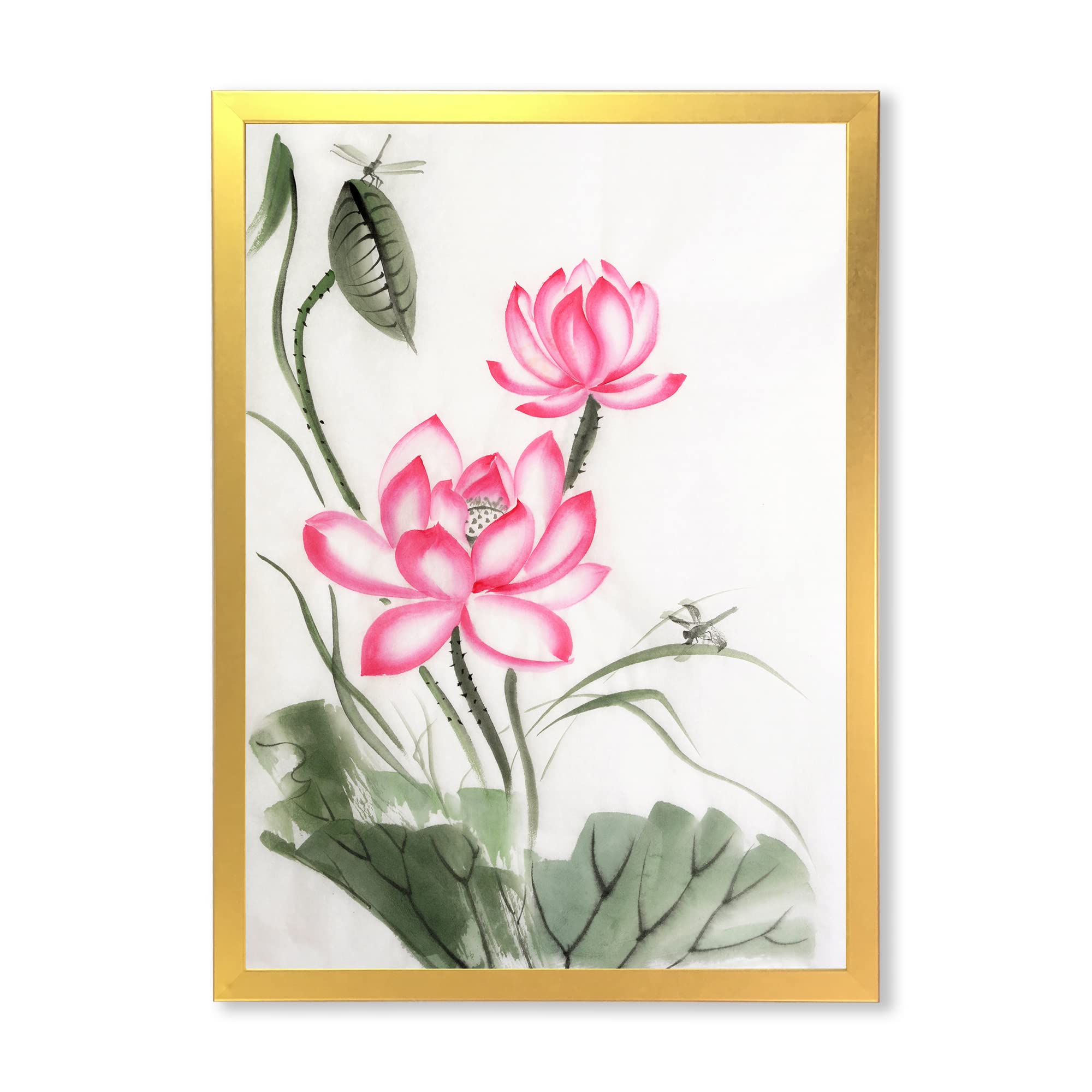 DesignQ Lotus and Dragonfly Traditional Framed Wall Art - Elegant Asian Home Decor for Living Room, Bedroom & Office