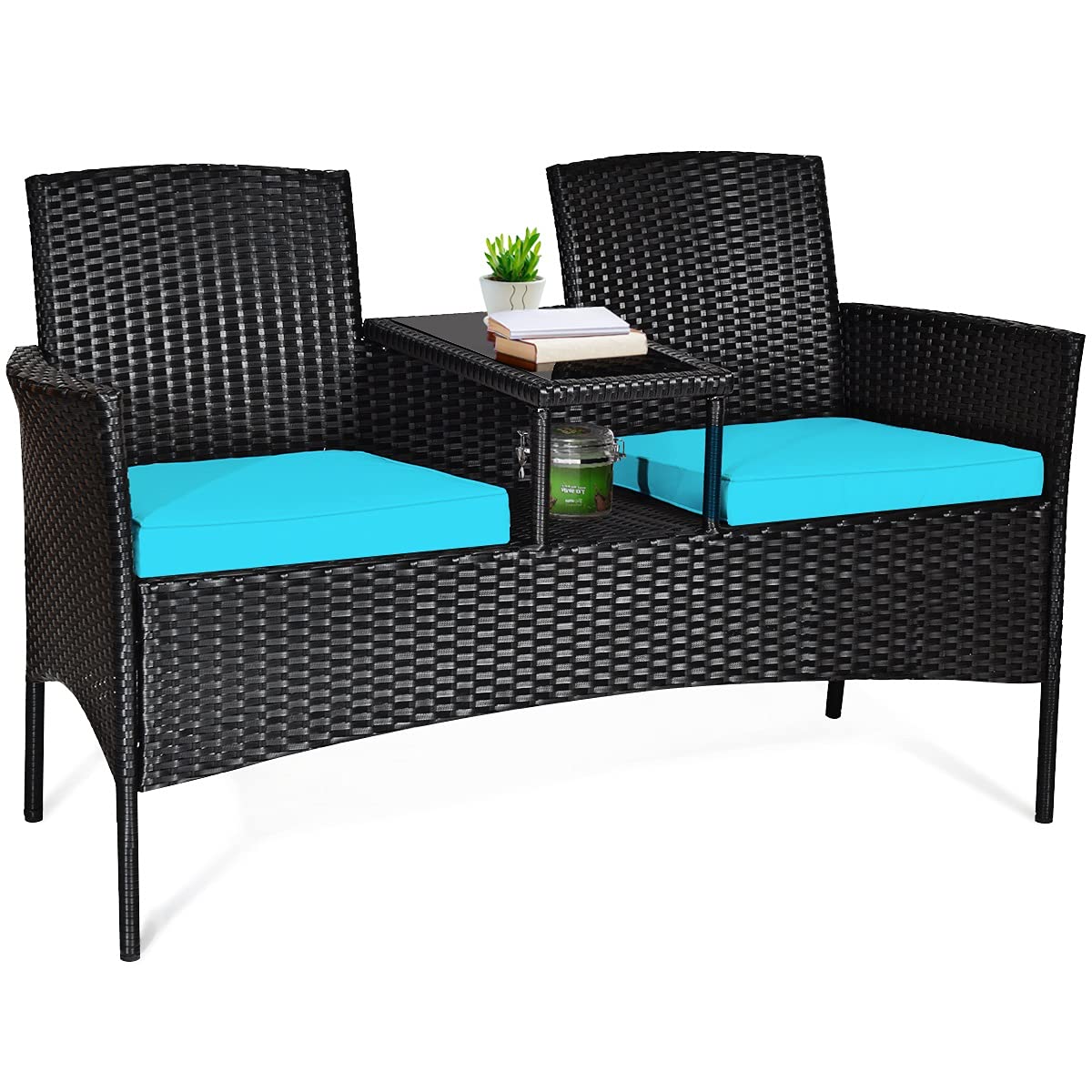 Modern Outdoor Rattan Loveseat Sofa Set with Cushions & Coffee Table - Patio Conversation Furniture with Tempered Glass Top - Perfect for Garden, Lawn, Backyard & Poolside Relaxation (Turquoise)