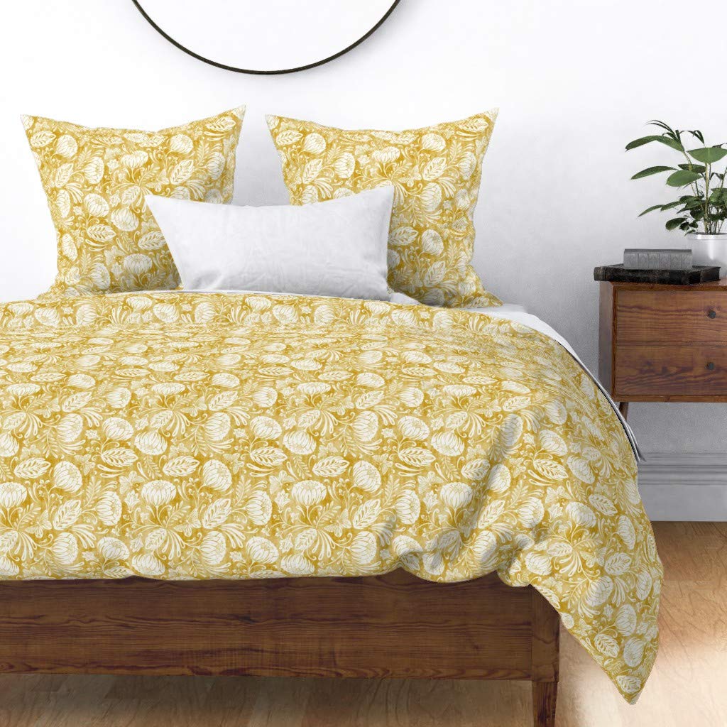 Custom Damask Mustard Yellow Butterfly Print Cotton Sateen Duvet Cover - King/California King Size | Vintage Victorian Feminine Bedding for Master Bedroom & Guest Room Decor