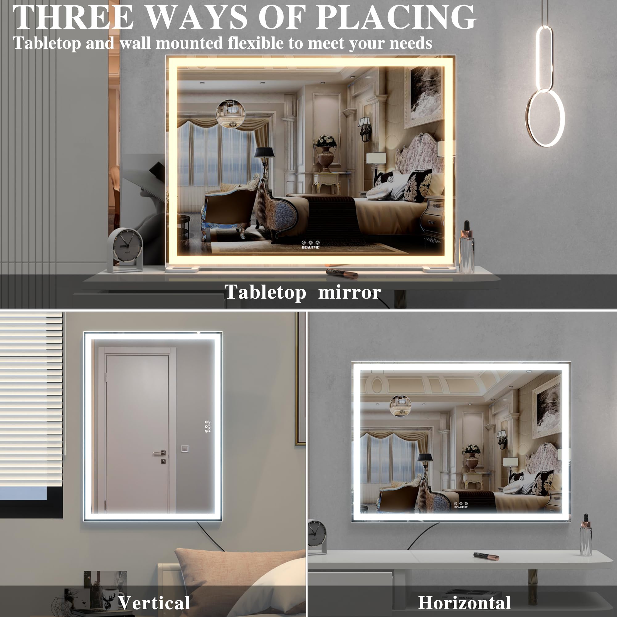 BEAUTME Hollywood Vanity Mirror with LED Lights - 36.2×5.9×26.8 Inch Tabletop Makeup Mirror for Dressing Room & Bedroom, Large Desk Mirror with Adjustable Brightness | Perfect for Makeup Application, Skincare Routine, and Home Decor