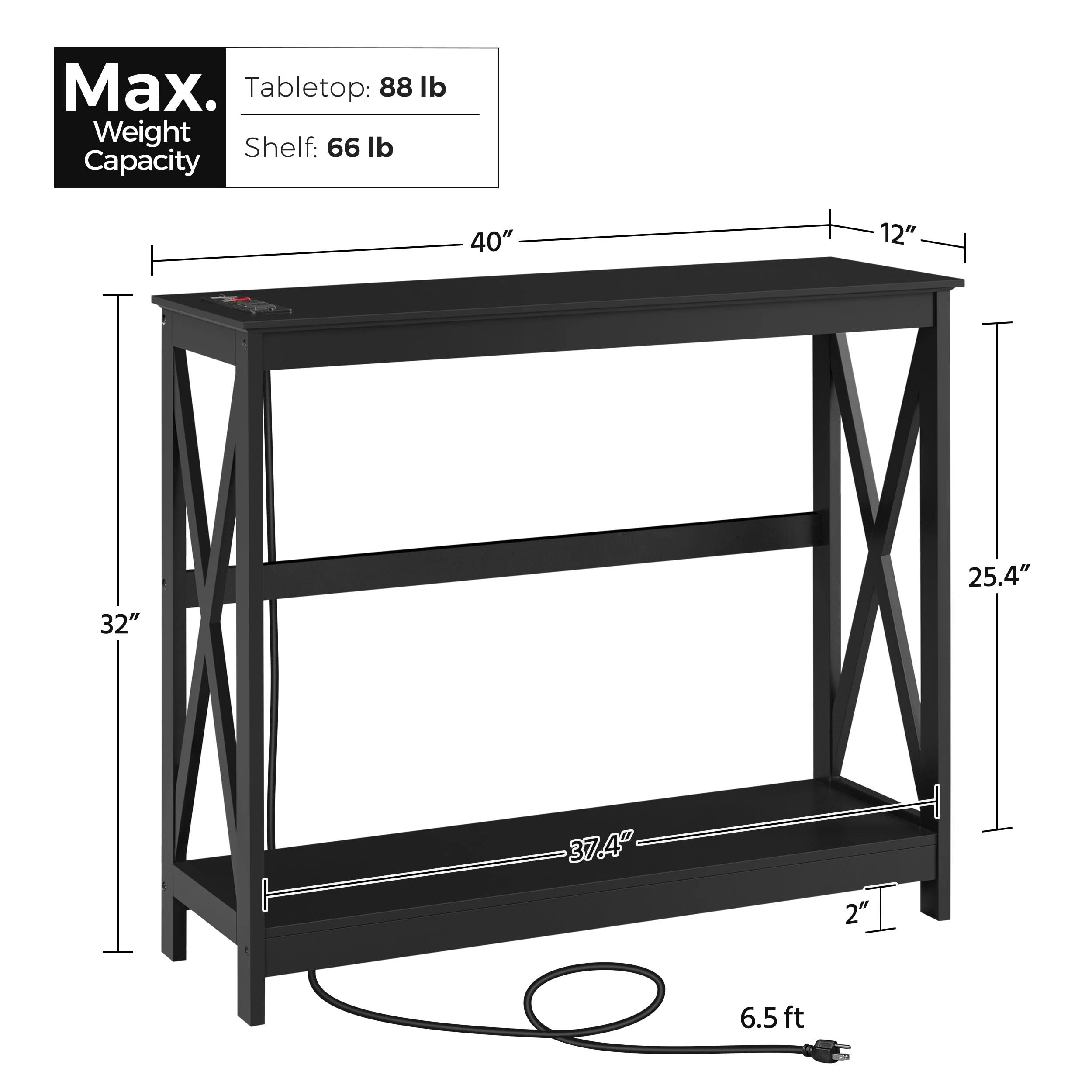 Yaheetech Modern Console Table with Built-in Outlets & USB Ports, Slim Entryway Table with Storage Shelves, X-Design Sofa Table for Living Room, Hallway, Foyer - Perfect for Charging Devices & Home Organization (Black)
