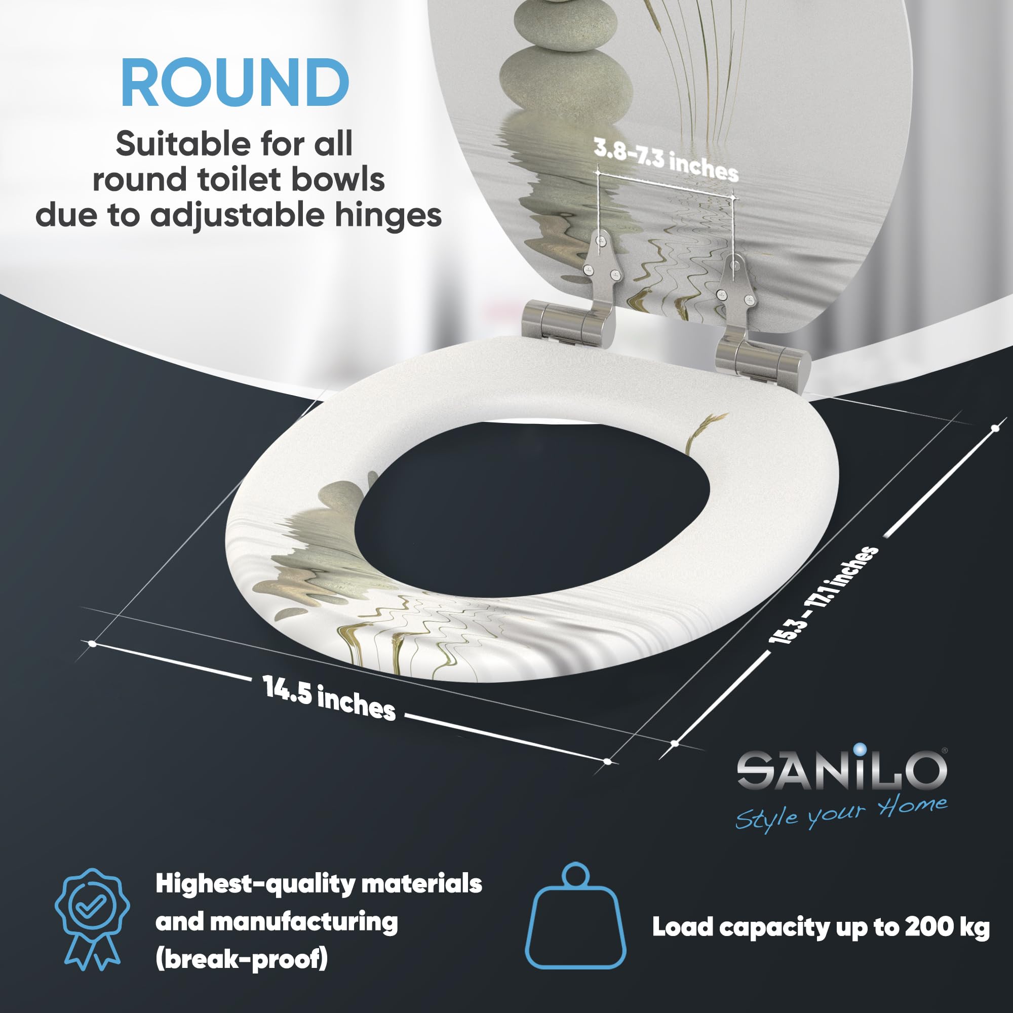Sanilo Soft Close Toilet Seat ROUND - Quiet Slow Closing Lid & Seat with Strong Bumpers & Hinges - Balanced Design for Bathroom Comfort - Perfect for Homes, Hotels & Restrooms