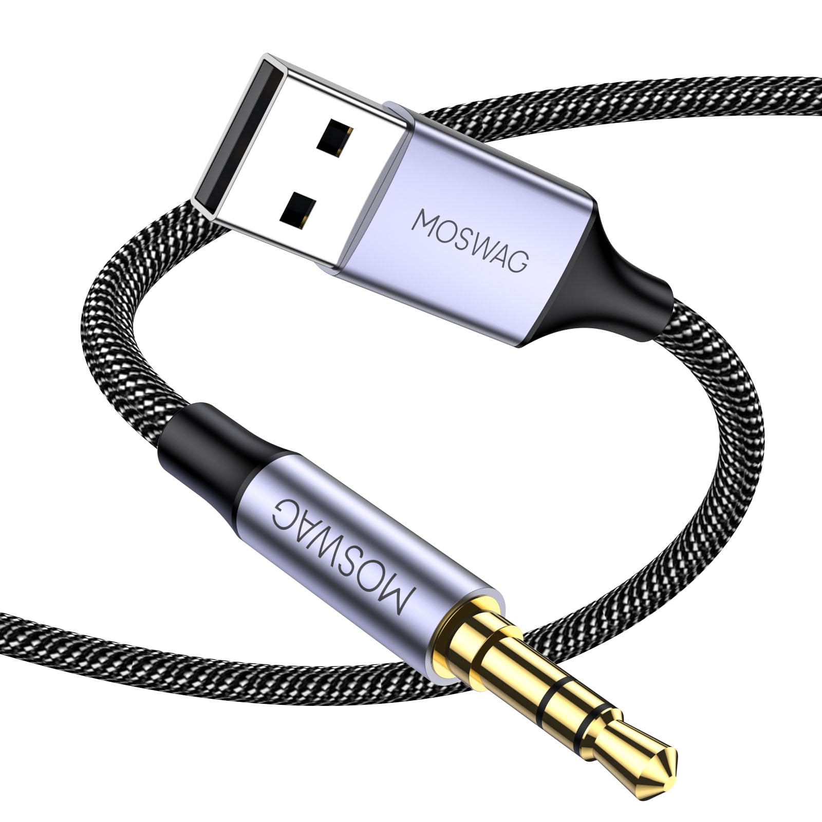 MOSWAG USB to 3.5mm Audio Jack Adapter Cable - 3.28FT Nylon Braided USB Male to AUX Stereo Converter for PC, Laptop, Speaker & Headphones - Compatible with Windows, Mac OSX - Perfect for Home Office, Gaming & Music Streaming