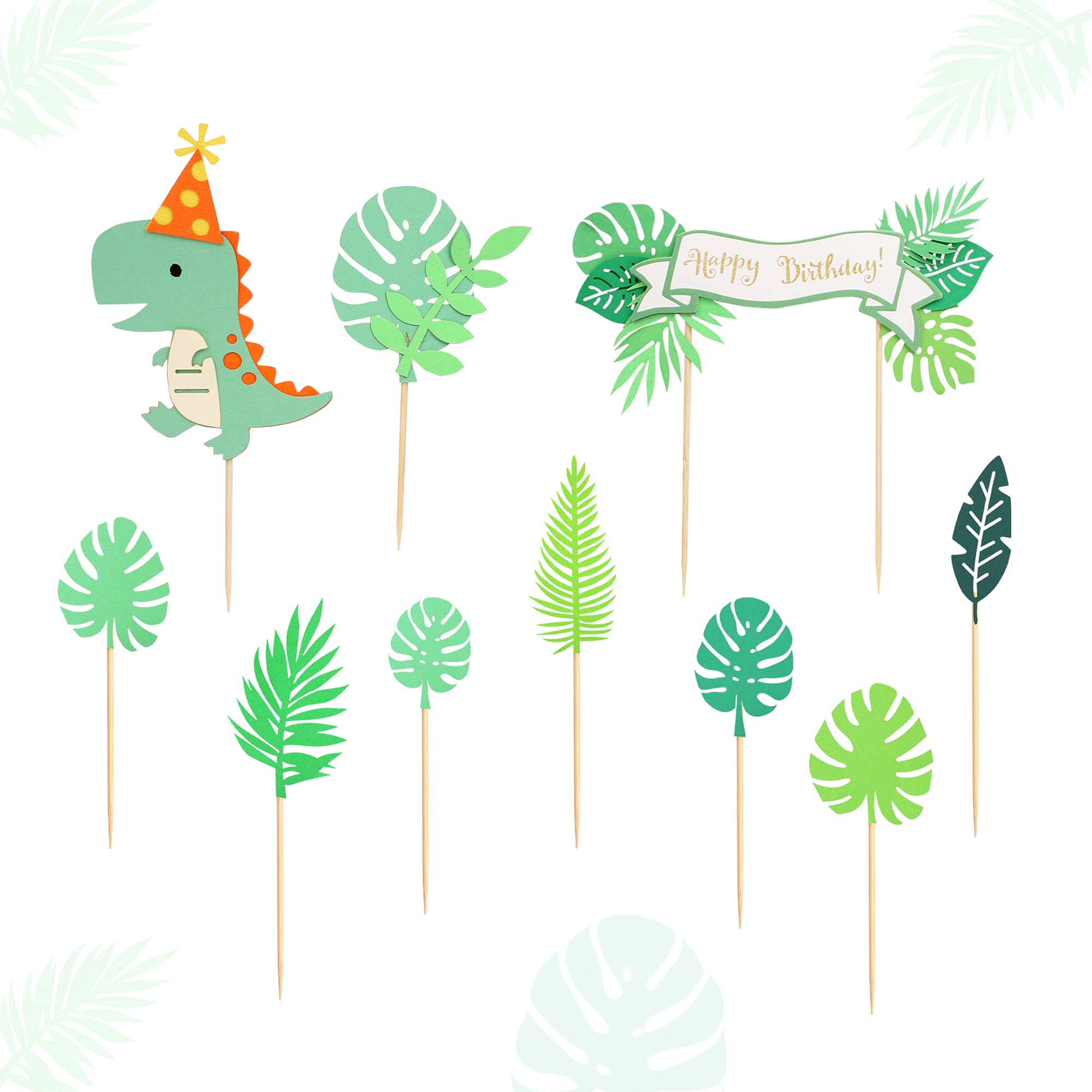 10Pcs Dinosaur Cake Toppers - Happy Birthday Party Decorations with Forest Green Leaves for Jungle Theme Baby Shower, Kids Birthday Cakes - Perfect for Dinosaur Themed Parties and Cake Decorating