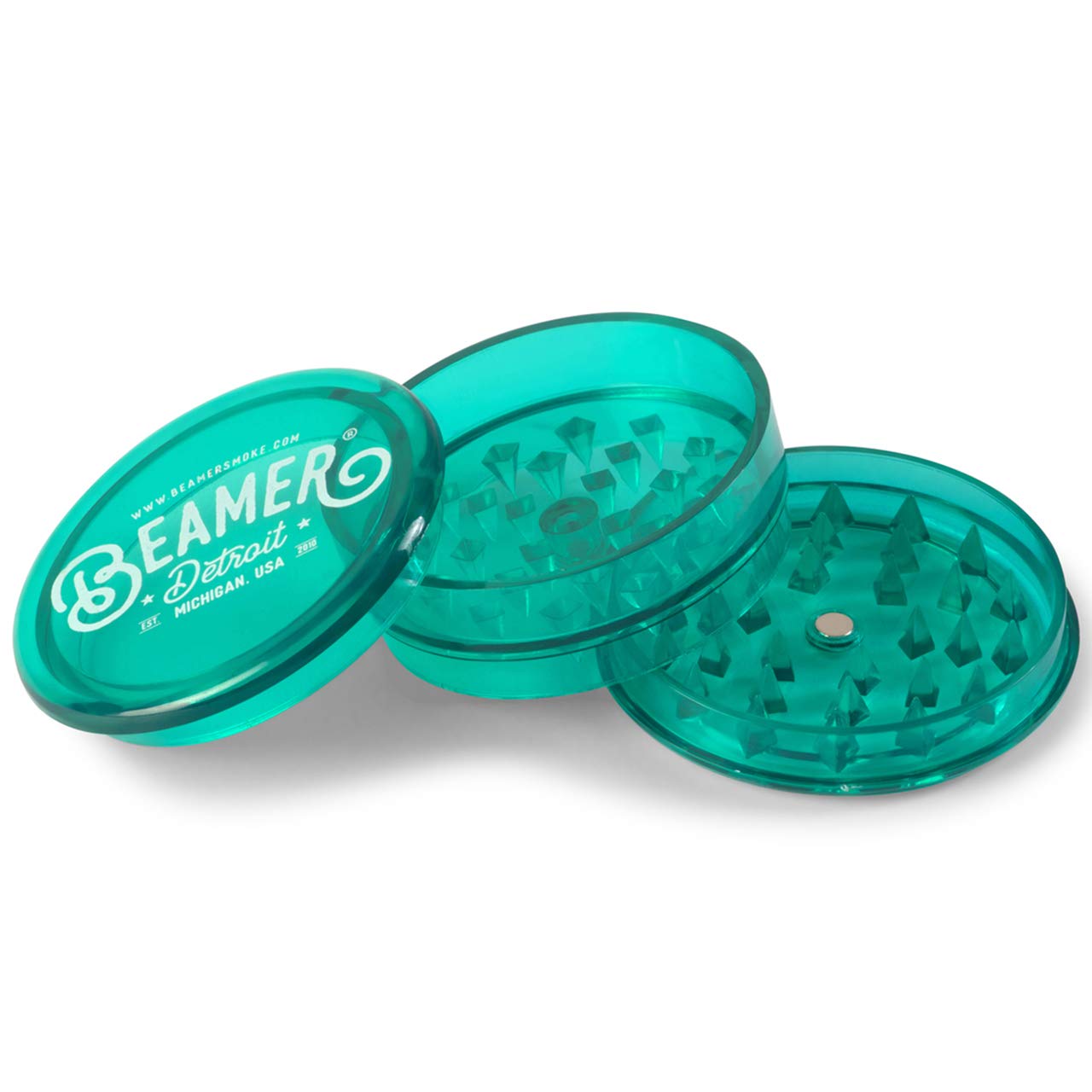 Beamer Detroit Logo 3-Piece 63mm Acrylic Herb Grinder - Transparent Green with Free Smoke Sticker | Perfect for Grinding Herbs, Spices & Tobacco | Great for Home Use, Travel & Gifts
