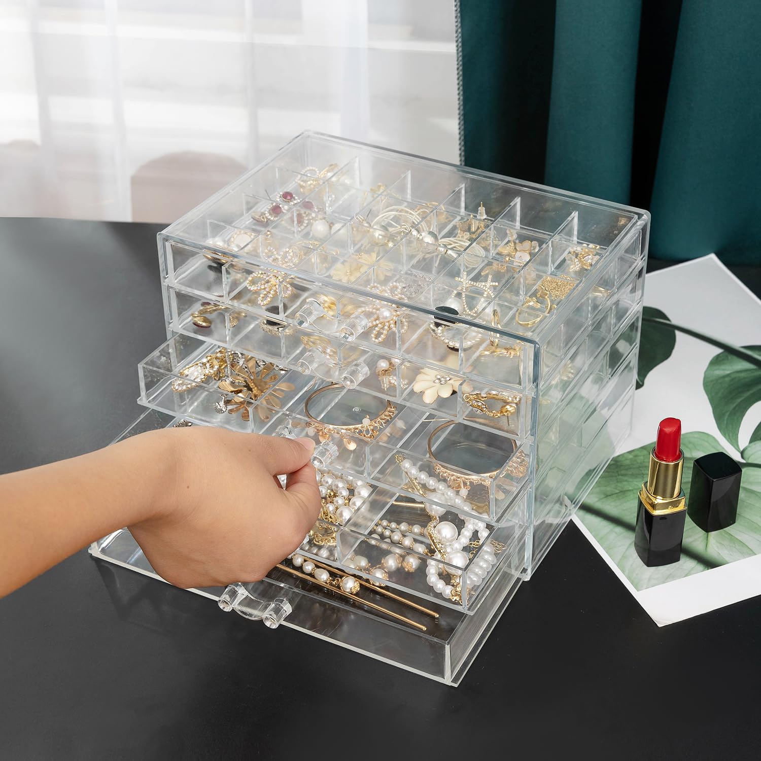 Clear Acrylic Jewelry Box with 5 Drawers - Earring Storage Organizer & Display Case with Compartment Trays - Transparent Jewelry Holder for Earrings, Necklaces, Rings & Bracelets - Perfect for Bedroom, Closet & Travel Organization